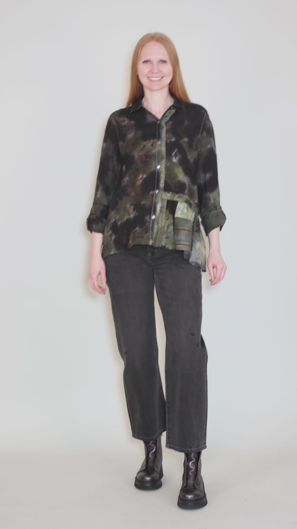 Mottled Flounce Shirt, Black/Forest Angle 5