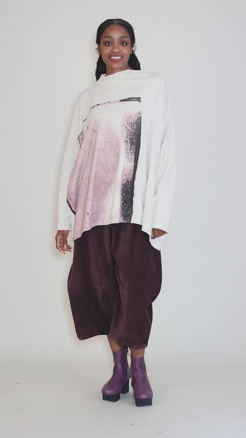 Pebbled Cotton Swing Top, Oatmeal/Mauve Angle 5