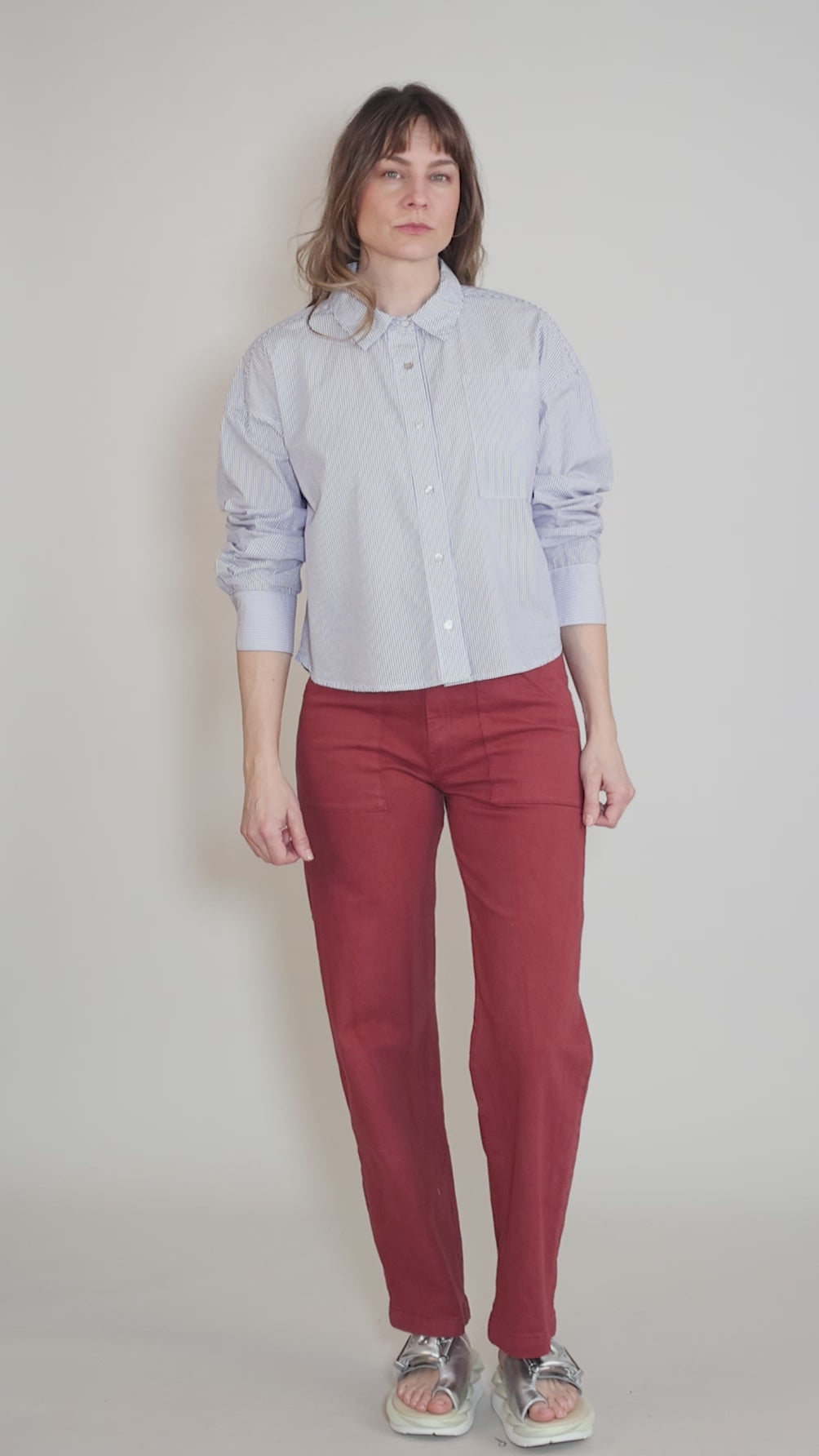 Cropped Button-Up Shirt, Denim Stripe Angle 5