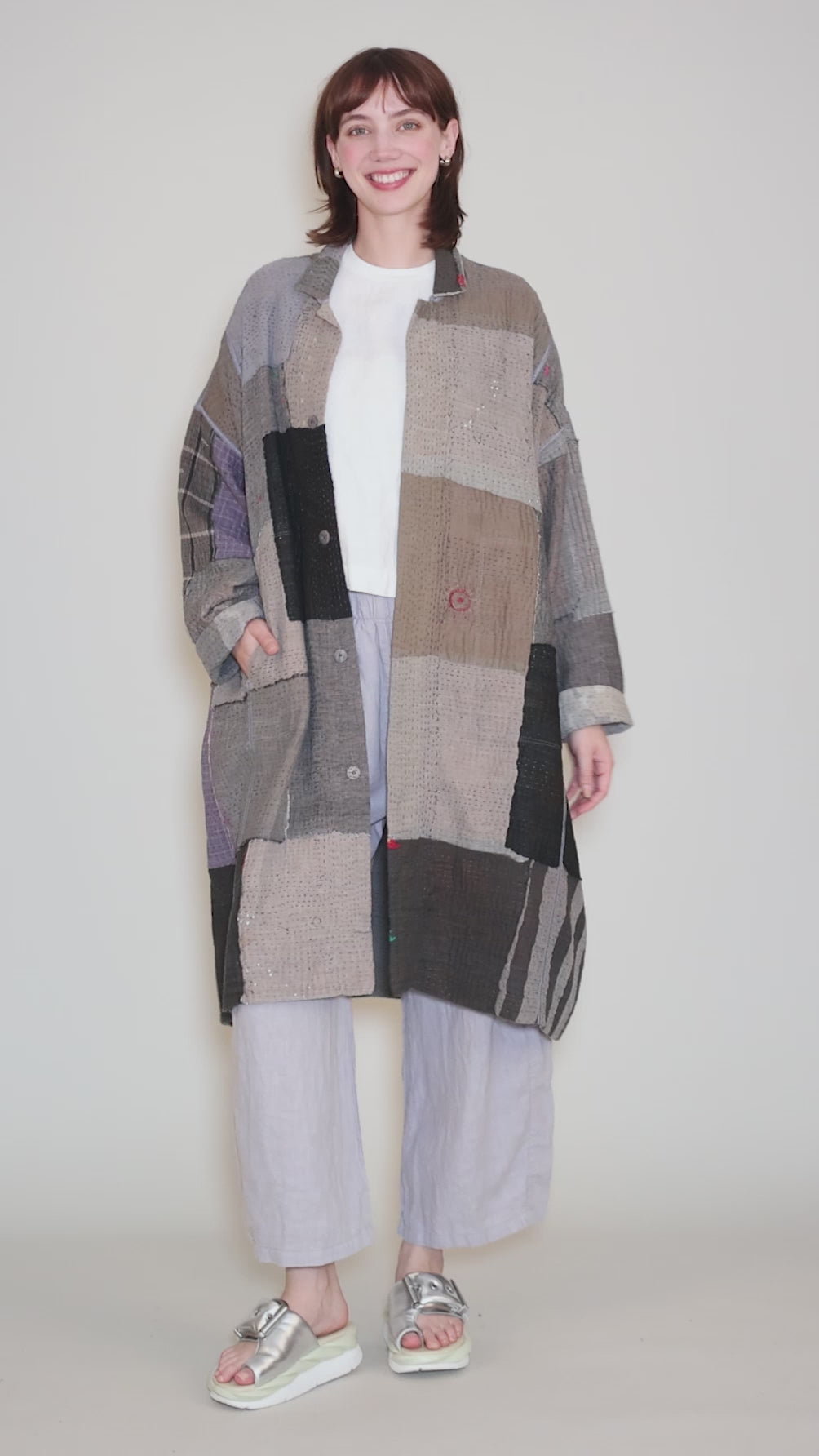 Frayed Patch Kantha Coat, Gray Angle 7