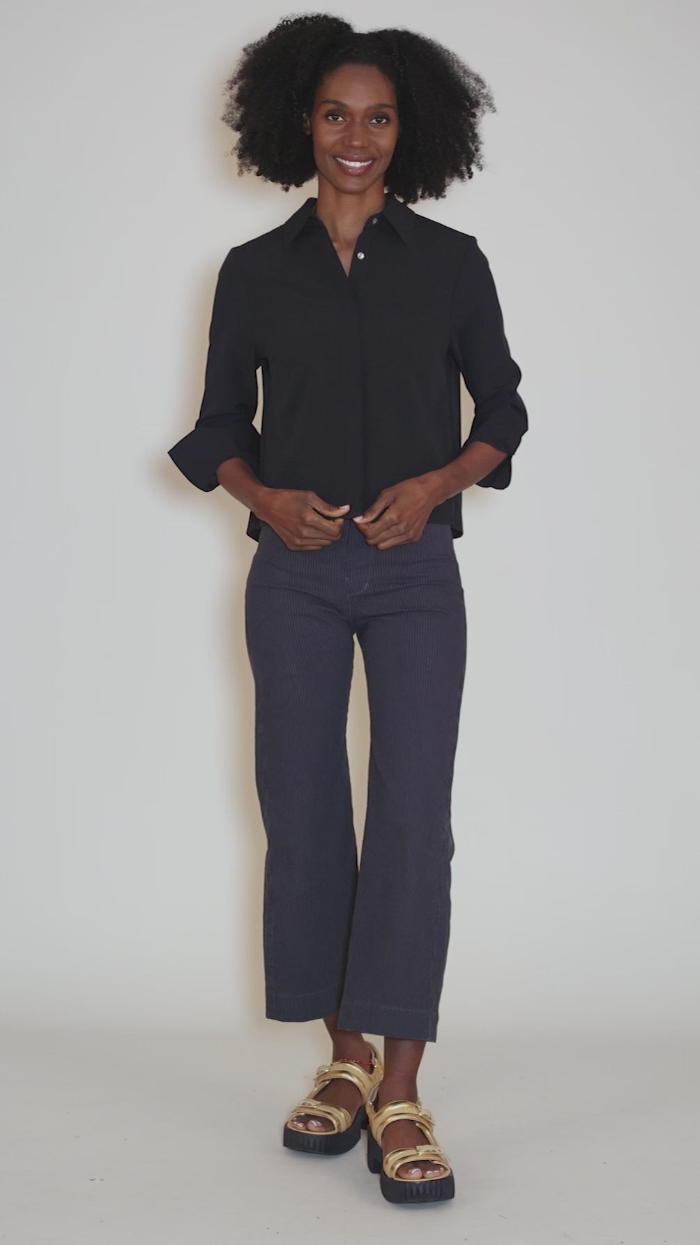 Shorter Pleat-Back Blouse, Navy Angle 5