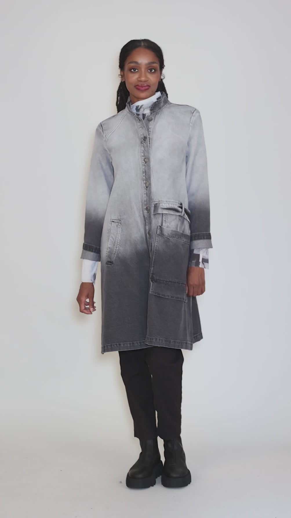 Blasted Denim Duster, Gray/White Angle 6
