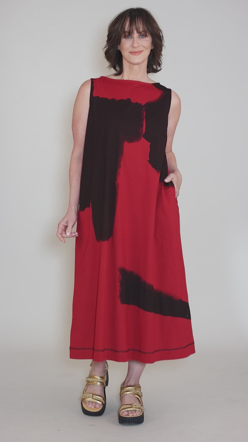 S/L Jersey Print Dress, Red/Black Angle 5