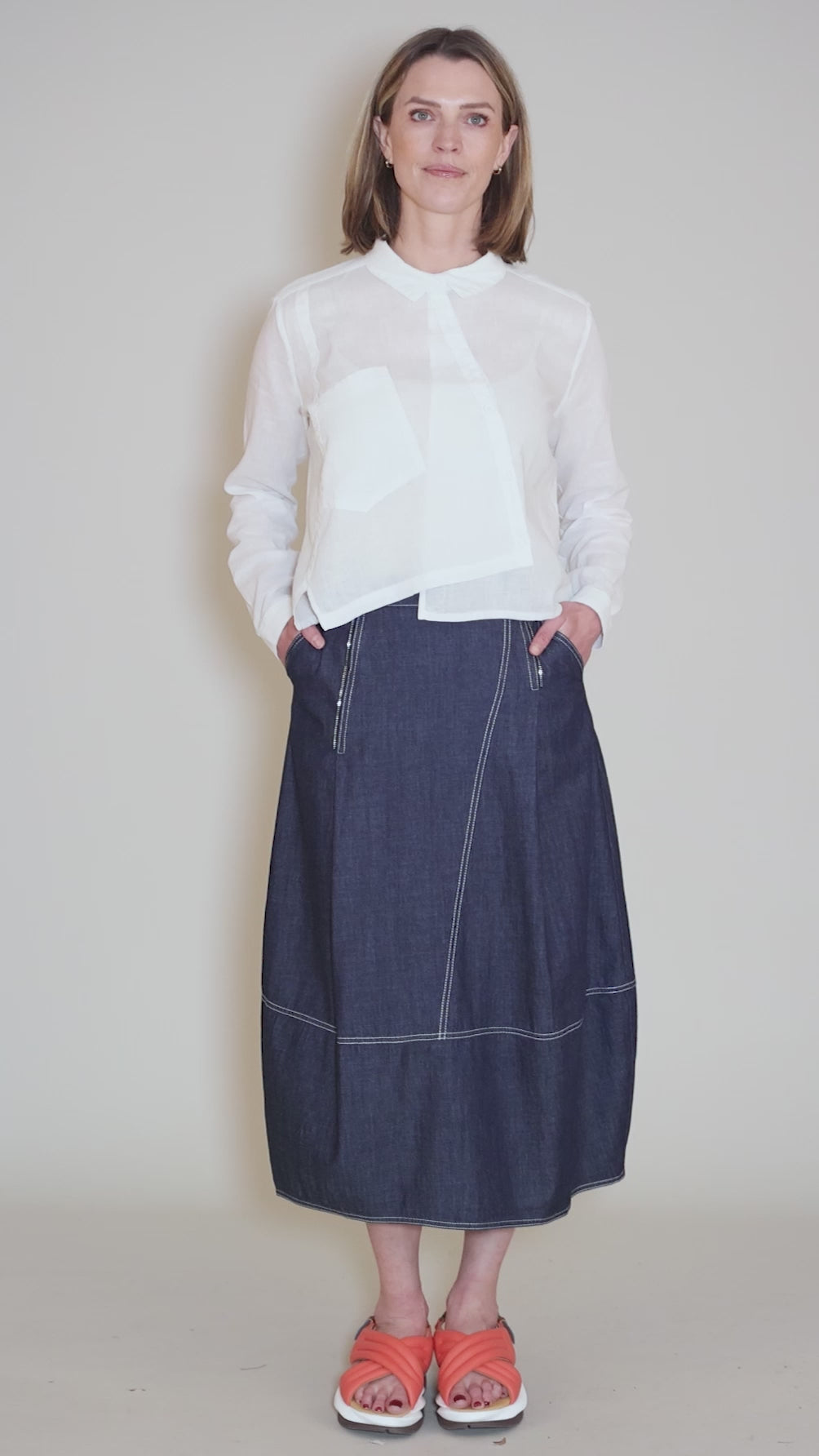Linen Asym Button-Up Shirt, White Angle 5
