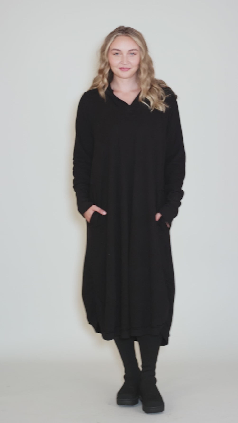 Cozy Hoodie Dress, Black Angle 5