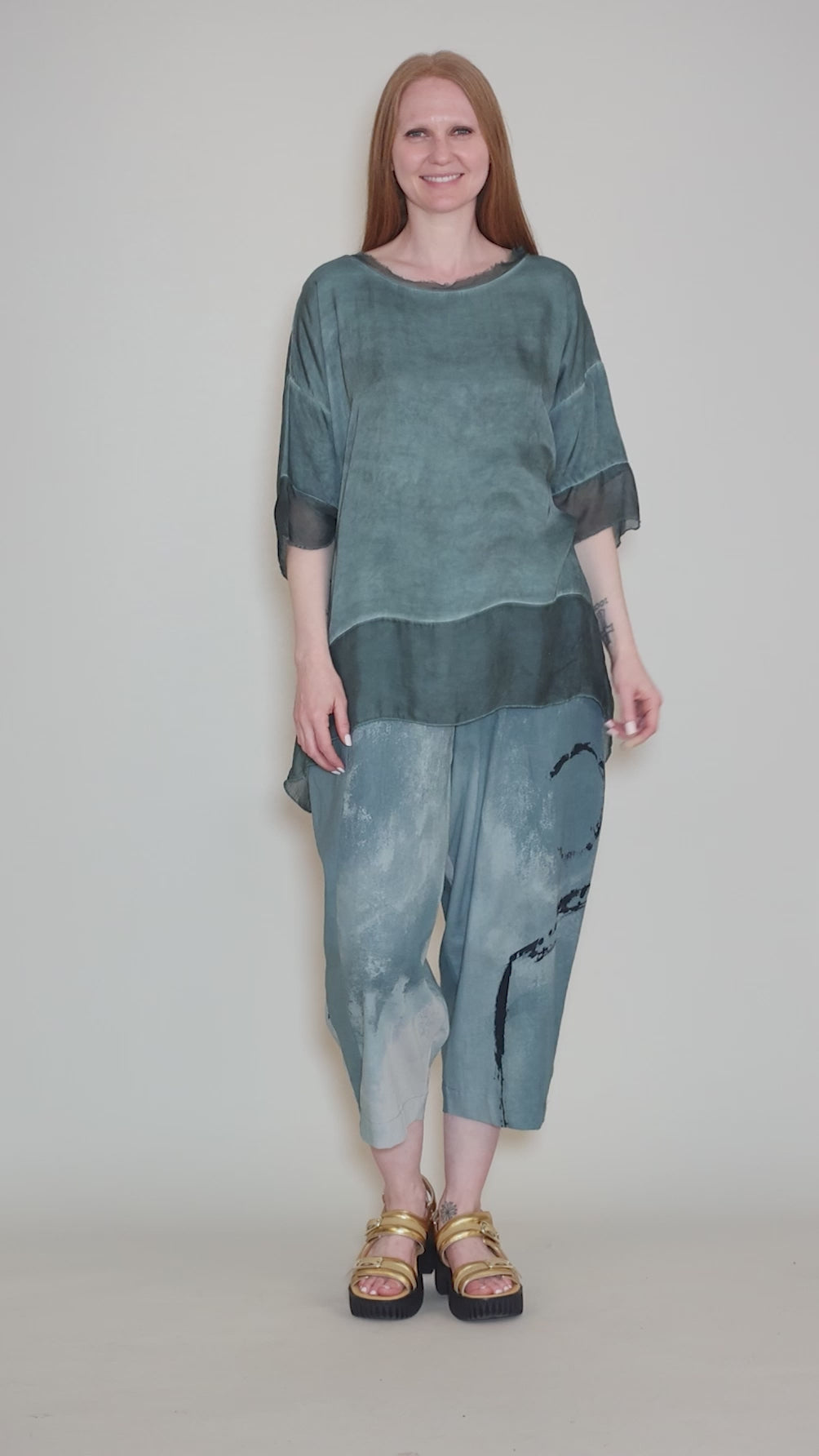Chiffon Trim Silk Sari Top, Tiffany Marine Angle 5