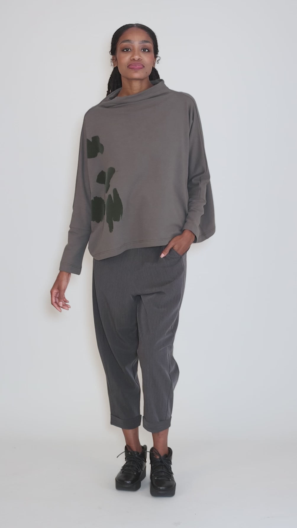 Funnel Dolman Fleece Top, Khaki Angle 5