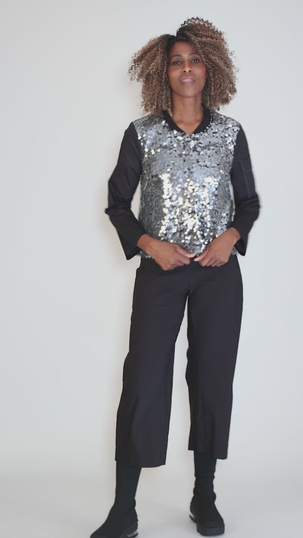Paillette Bomber Jacket, Black/Silver Angle 5