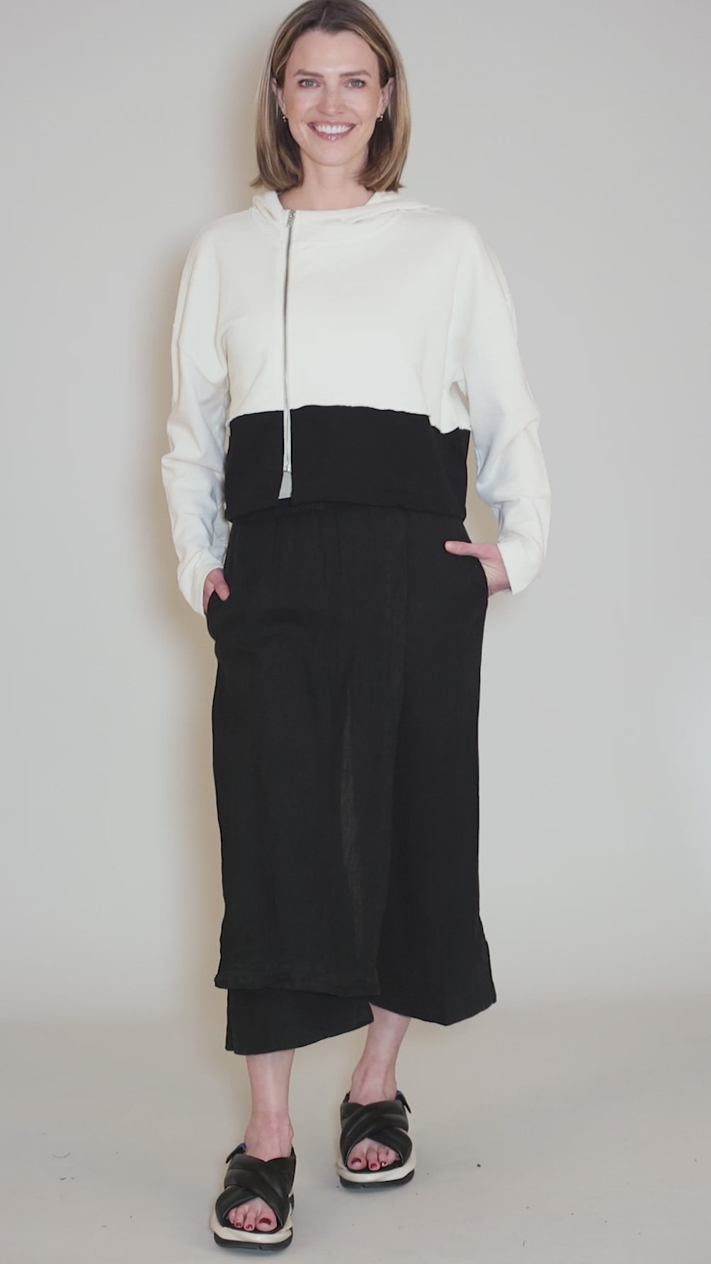 Colorblock Asym Zip Hoodie, Cream/Black Angle 5