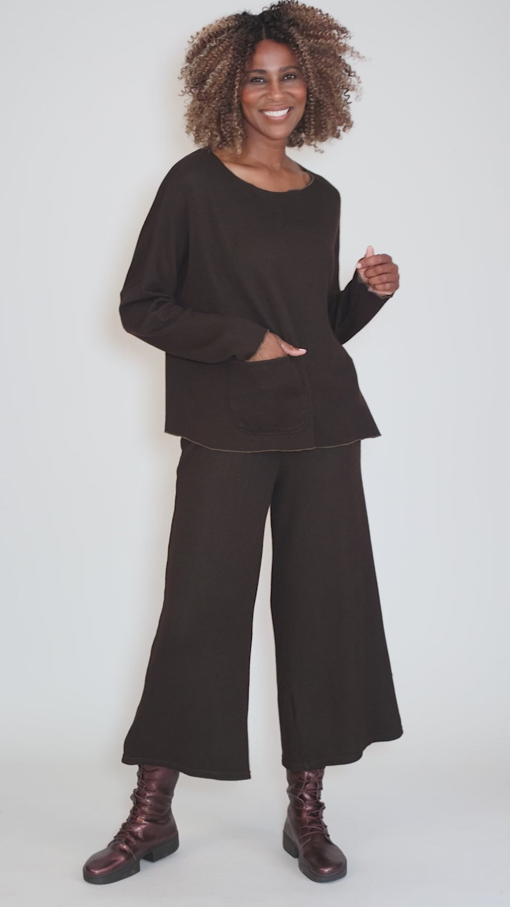 Marled Sweater Knit Pocket Pullover, Chocolate Angle 7