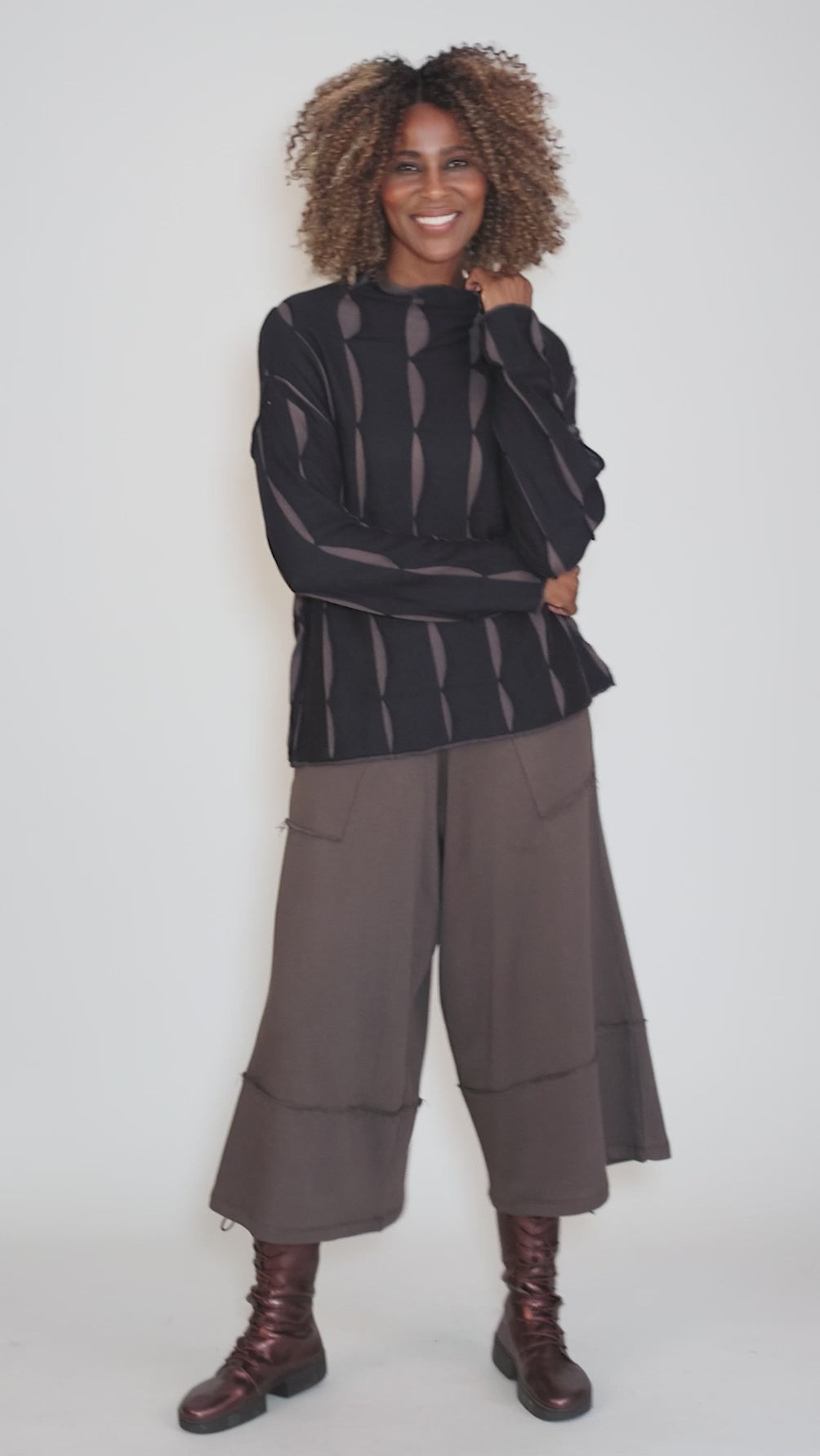 Lava Stripe Knit Pullover, Black/Walnut Angle 5
