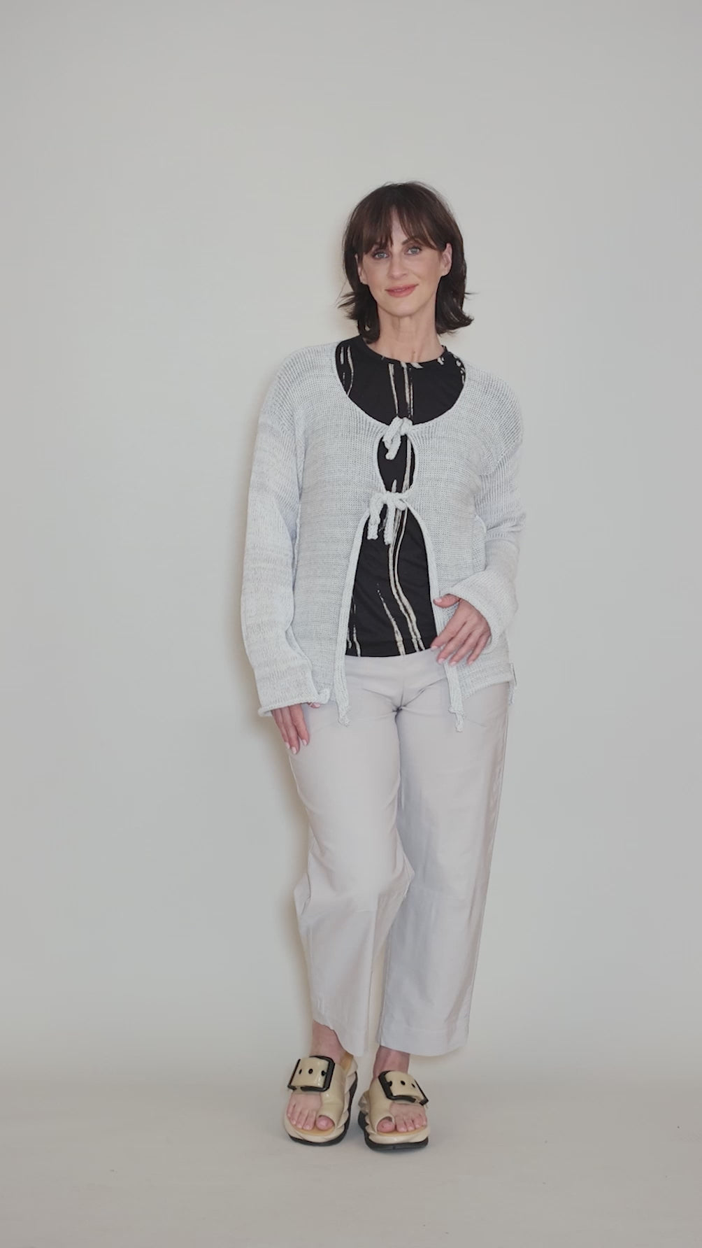 Gully Tie-Front Cardie, White Marled Angle 5