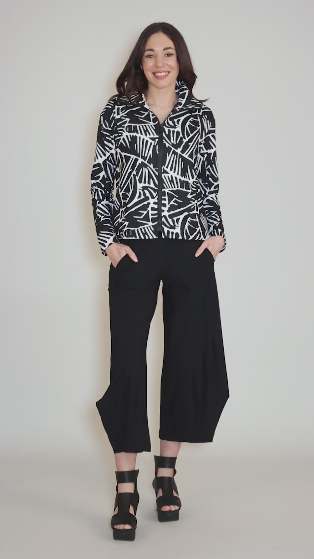 Terry Zip Front Cardie, Black/White Angle 5