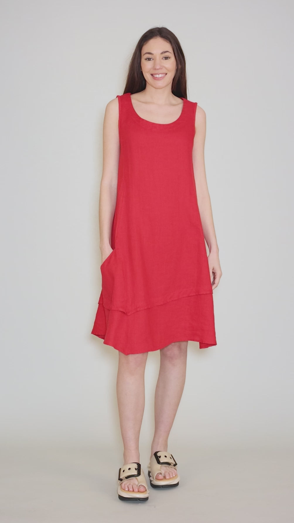Linen Combo Asym Dress, Cherry Angle 5