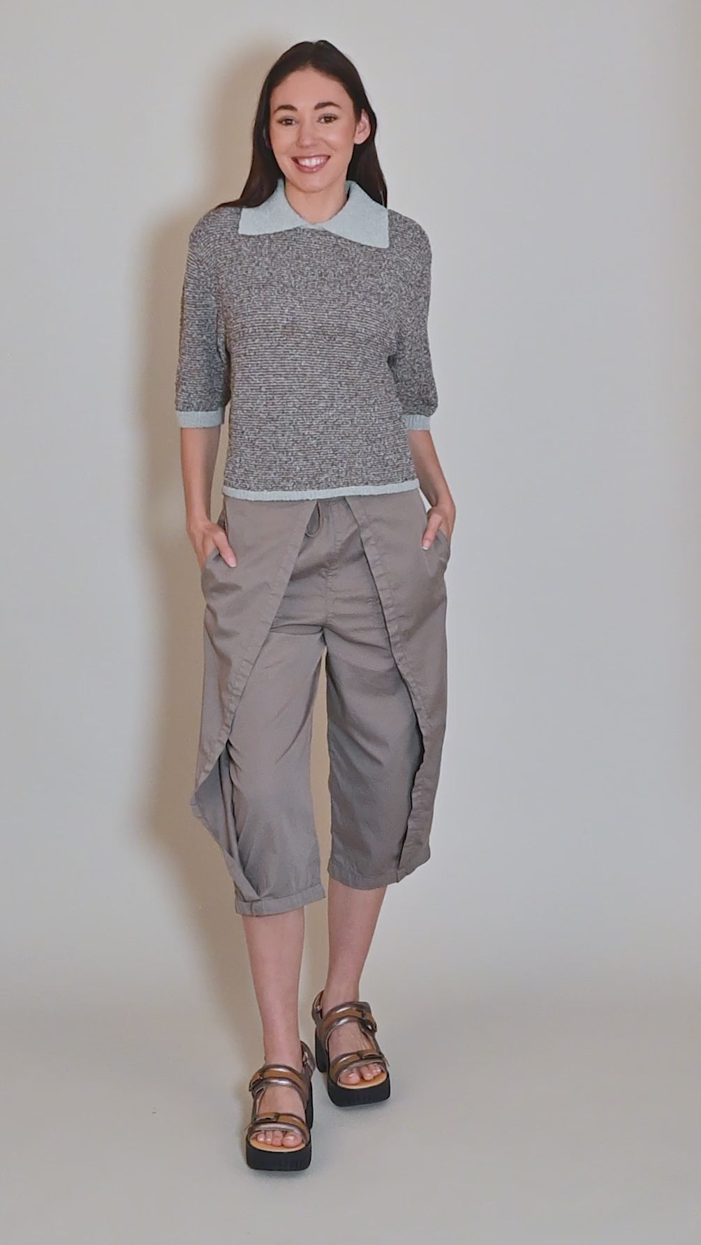 Two Tone Collar Sweater, Sky/Brown Angle 5
