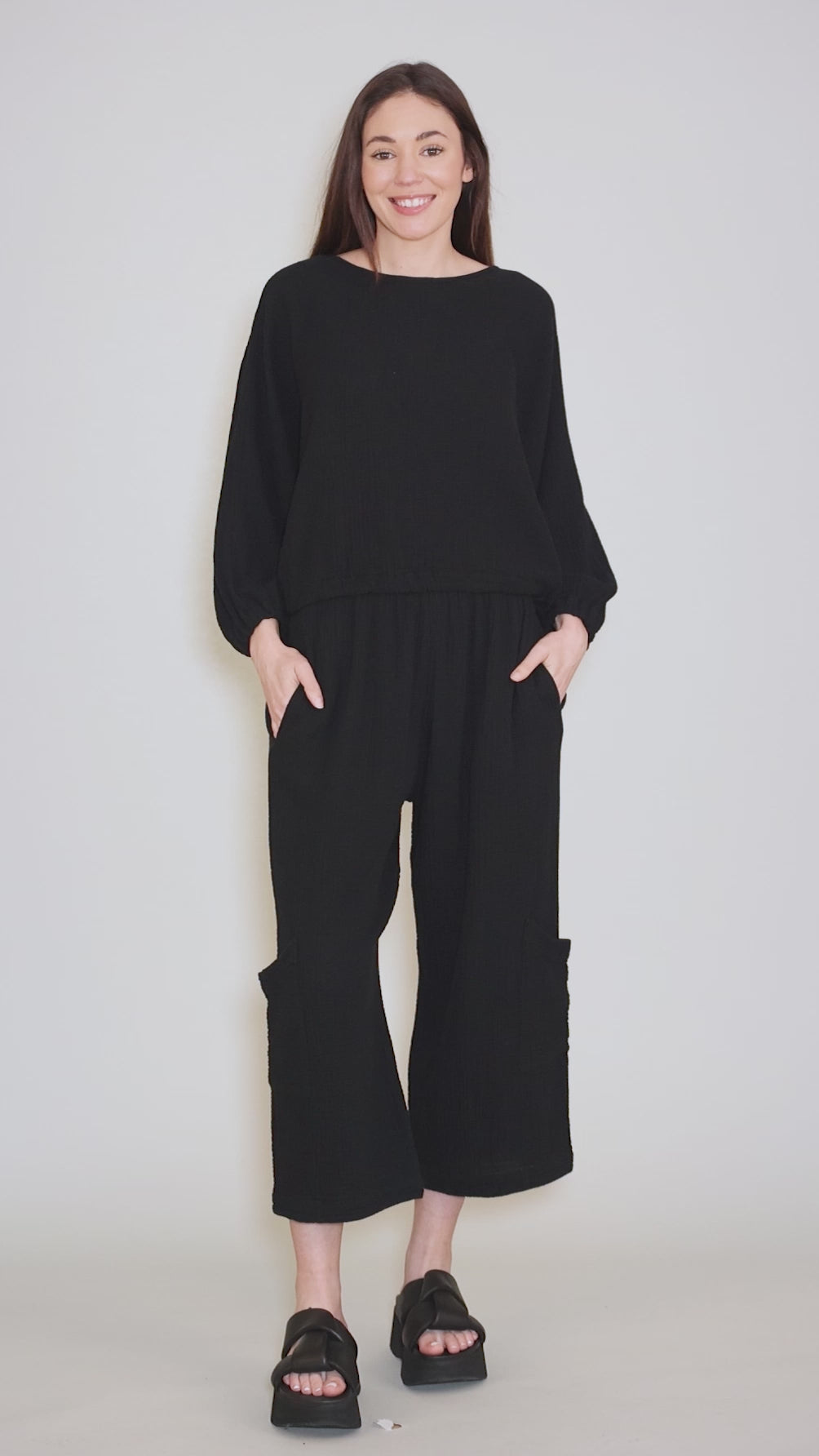 Cotton Gauze Gianna Shirt, Black Angle 5