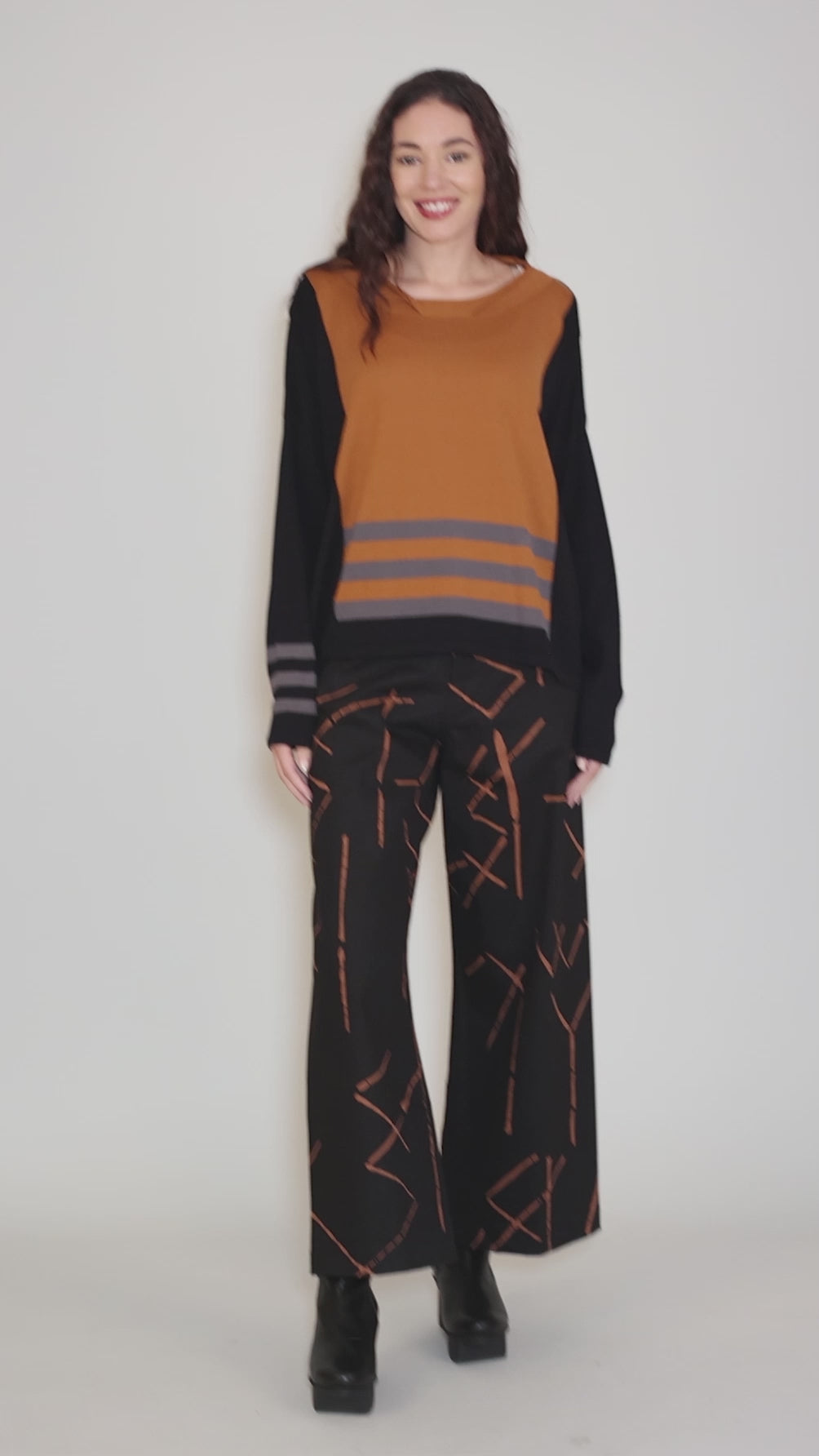 Triple Stripe Crewneck Sweater, Black/Chestnut Angle 5