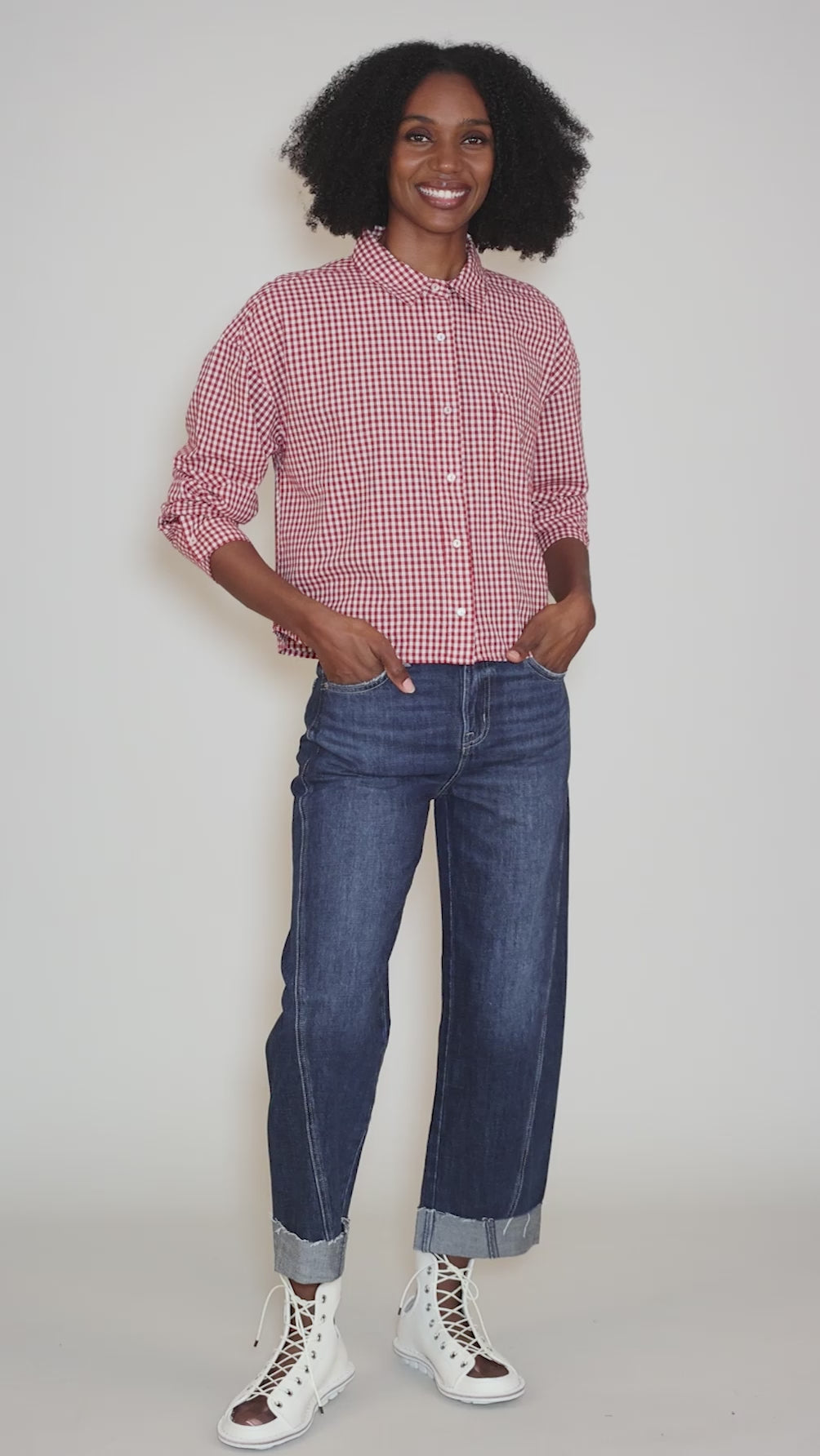 Woven Crop Shirt, Red/White Angle 5