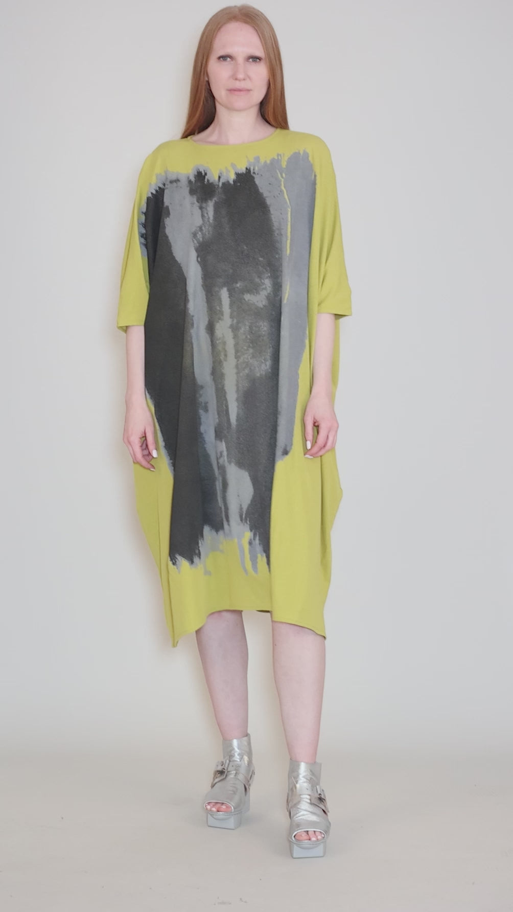 Dolman Drape Graphic Dress, Mustard Angle 5