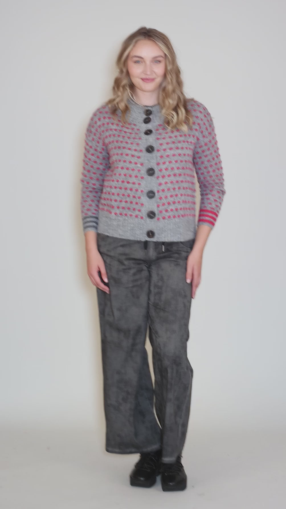Dotty Button Cardie, Gray/Pink Angle 5