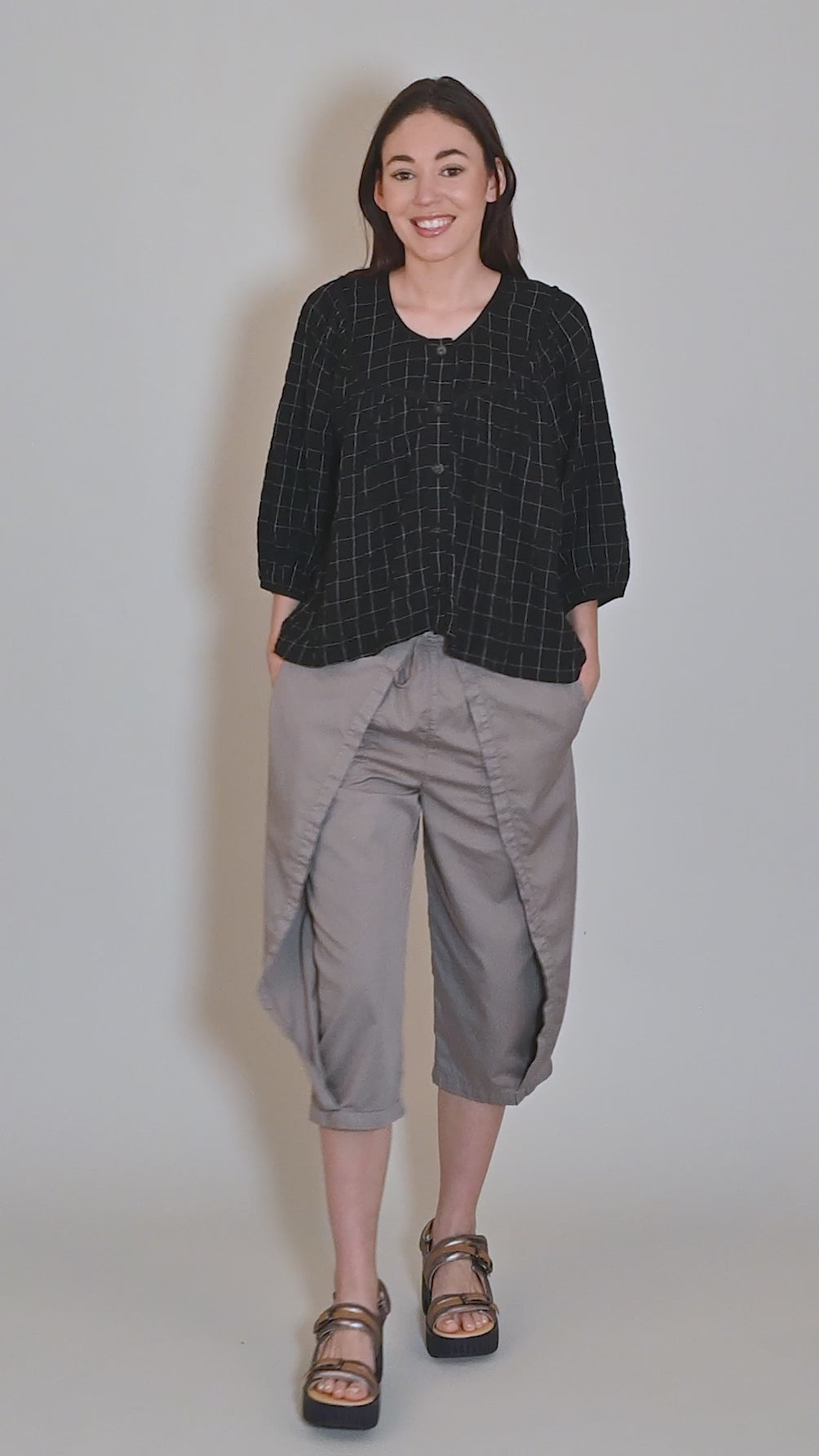 Twill Tape Puff Sleeve Top, Black Angle 5