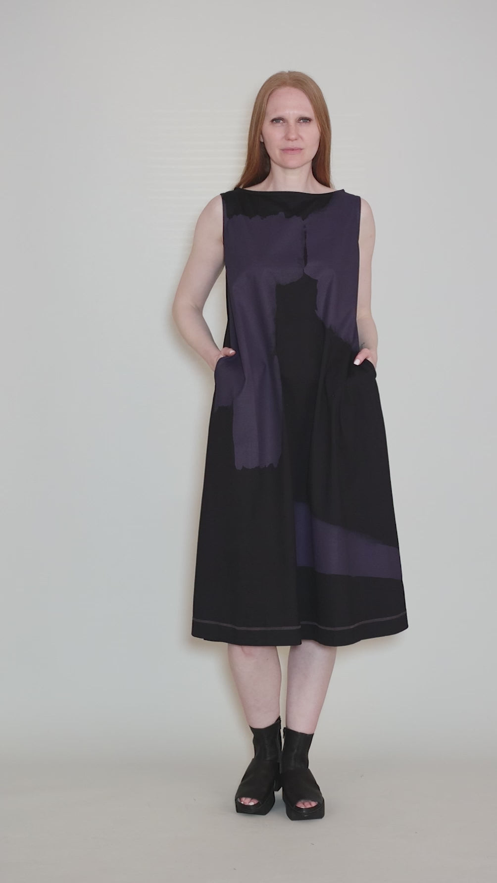 S/L Jersey Print Dress, Black/Purple Angle 5