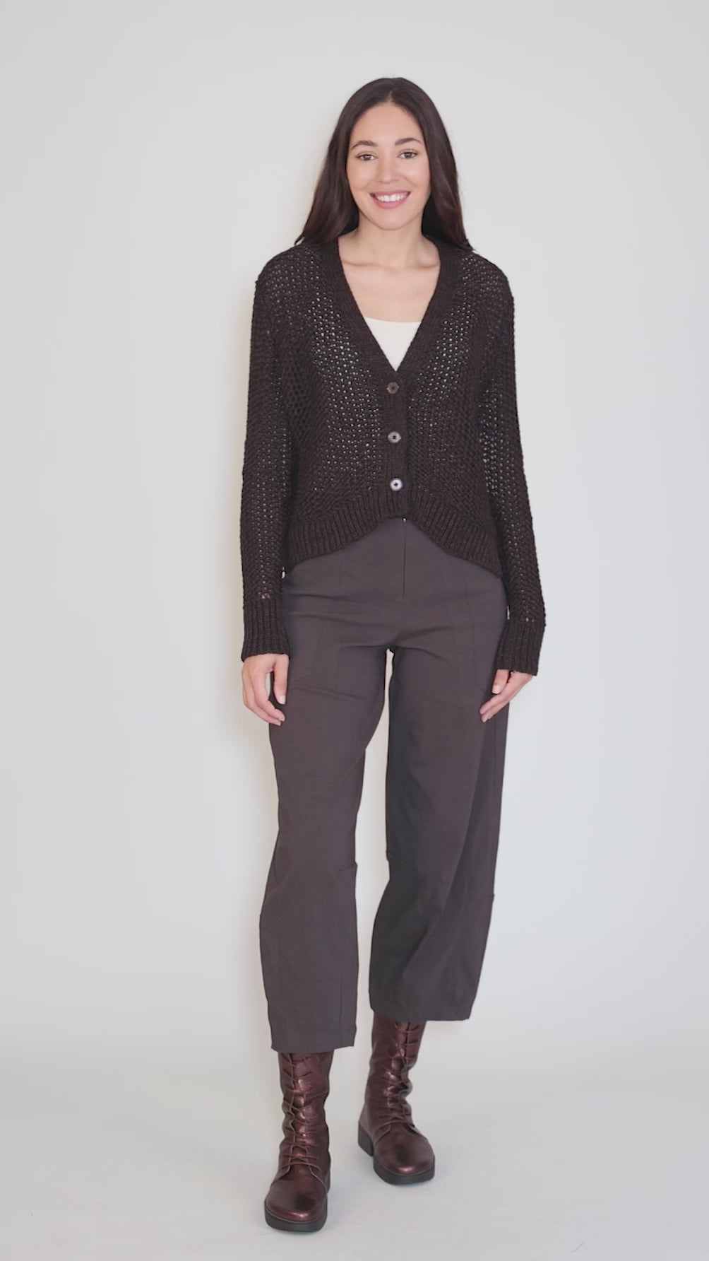 Aliana Button V Cardie, Black/Chocolate Angle 5