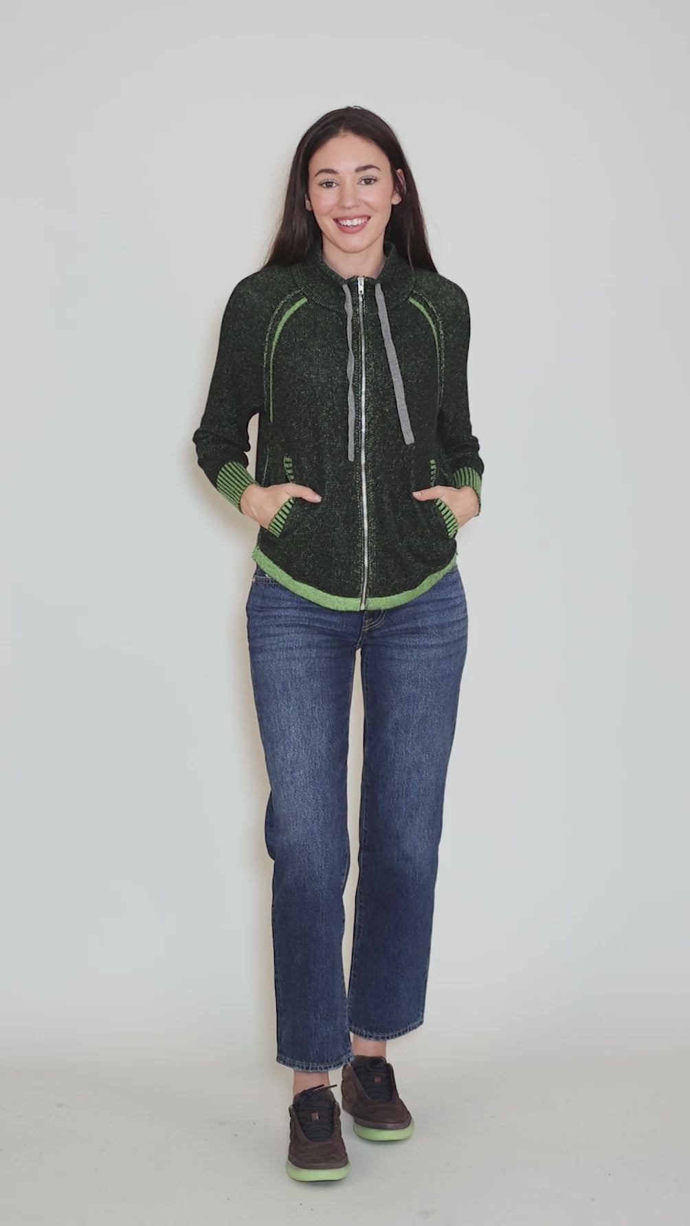 Two Tone Zip Up Sweater, Moss Angle 5
