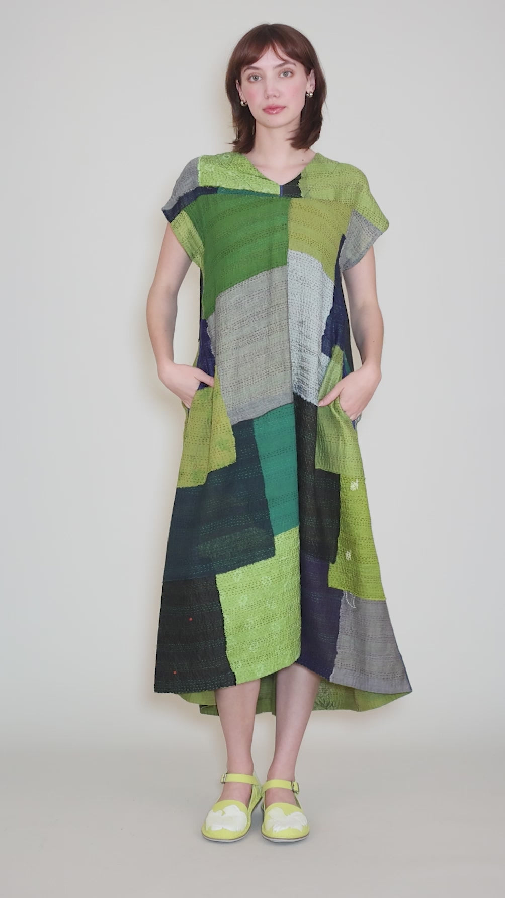 Marble Fray Patch Kantha Dress, Cobalt/Chartreuse Angle 5