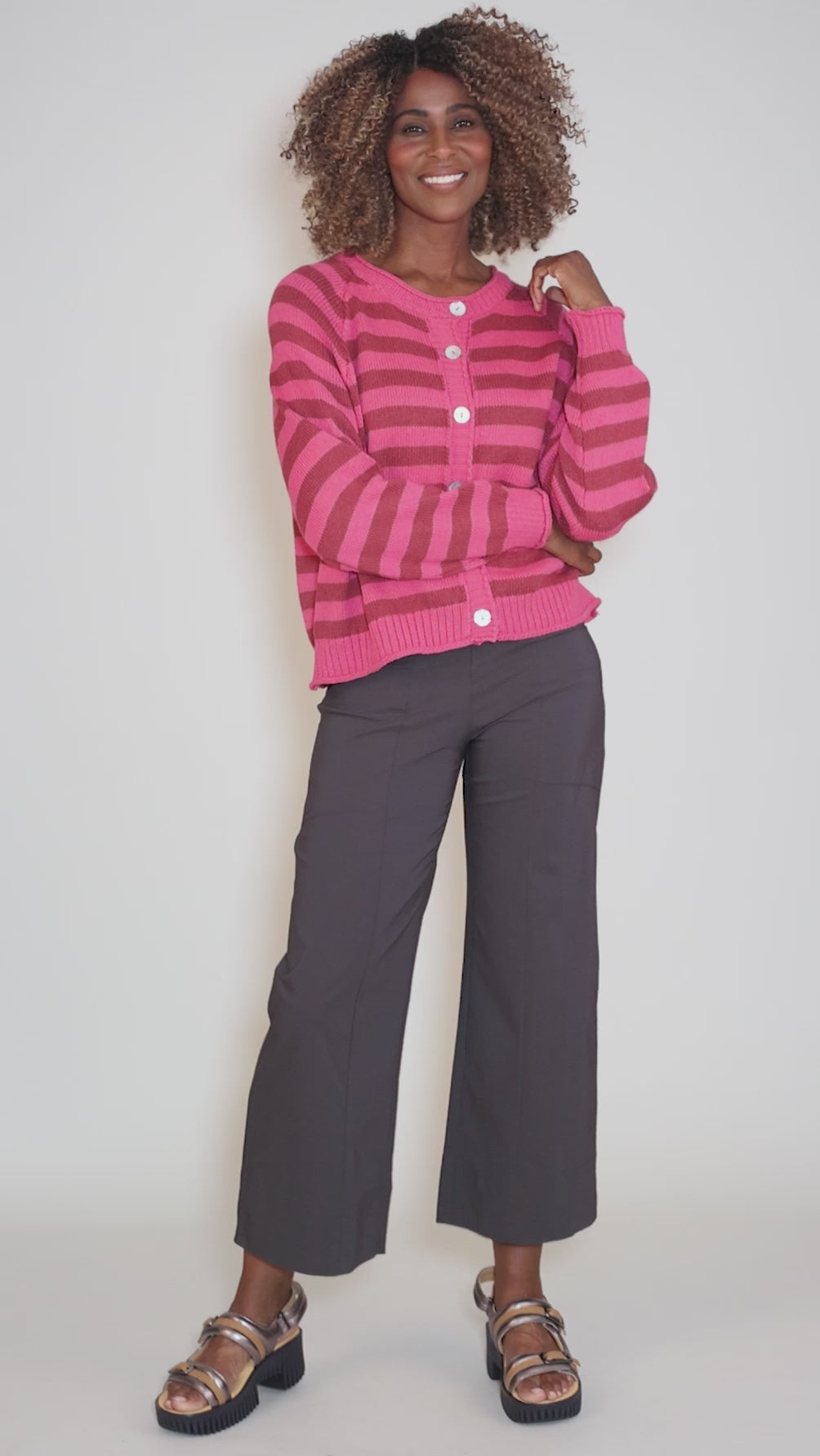 Beatrice Stripe Cardie, Fuchsia Angle 5