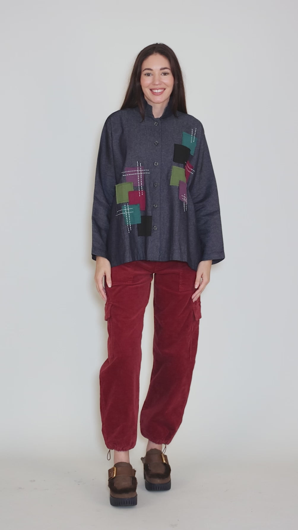 Patched Denim Mandarin Swing Shirt, Blue Angle 5