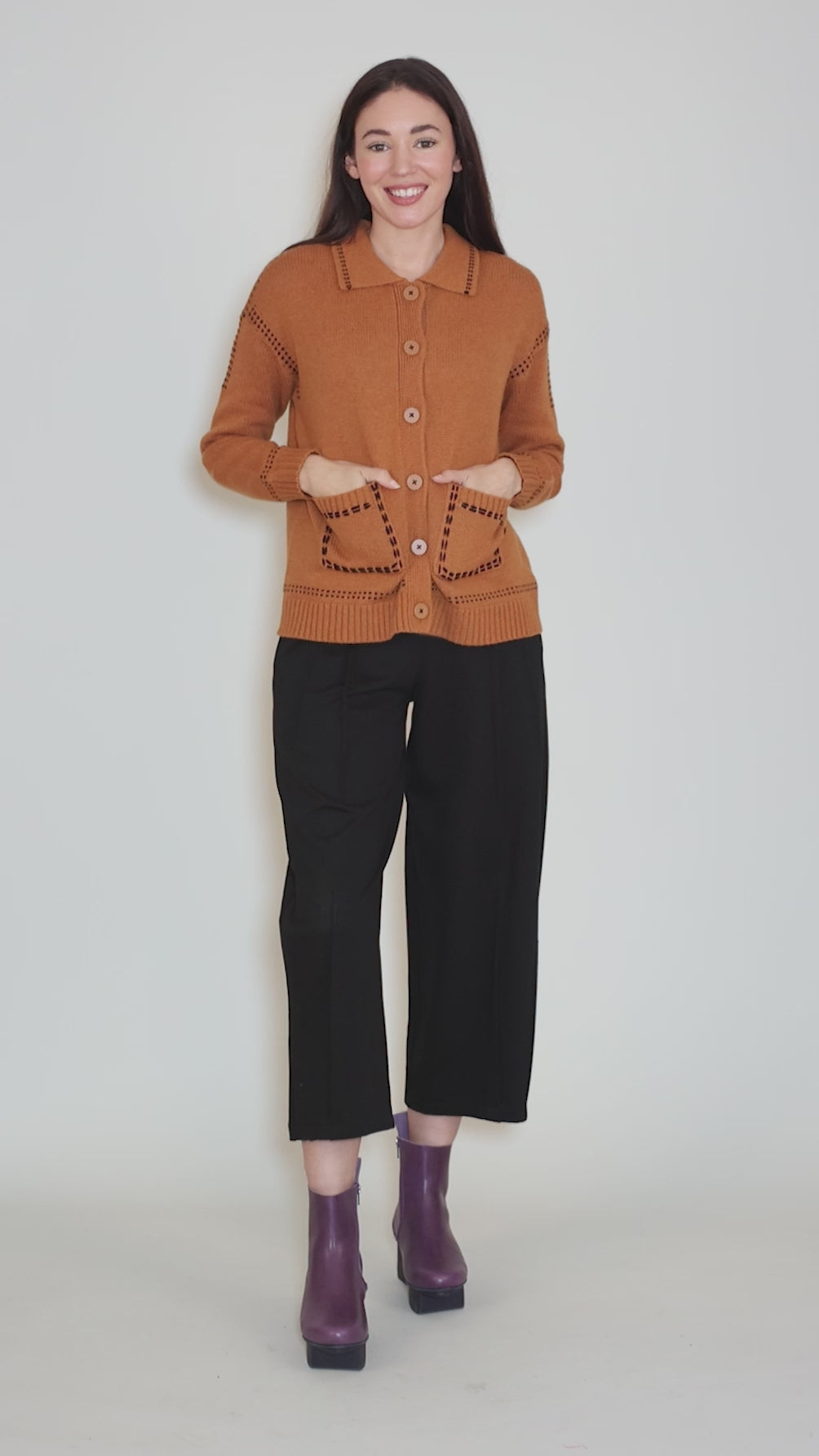 Tailored Accent Stitch Cardie, Caramel Angle 5