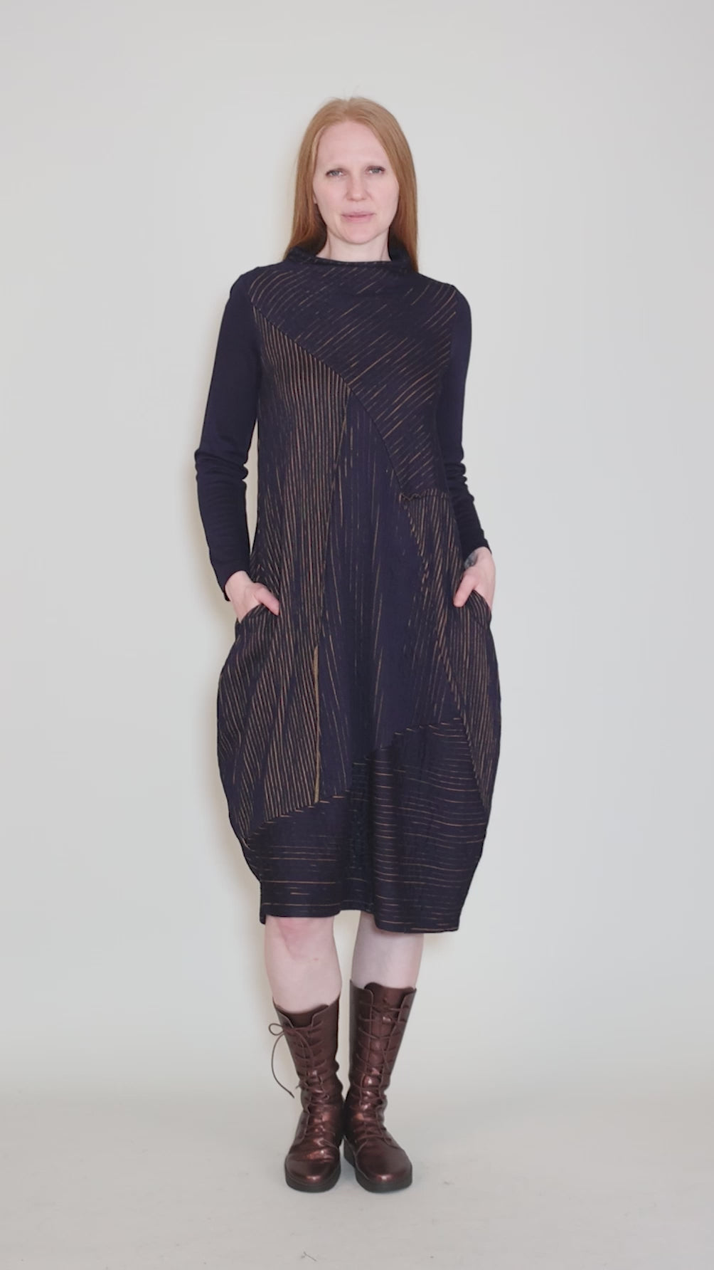 Dimensional Contrast Dress, Blue/Mustard Angle 5
