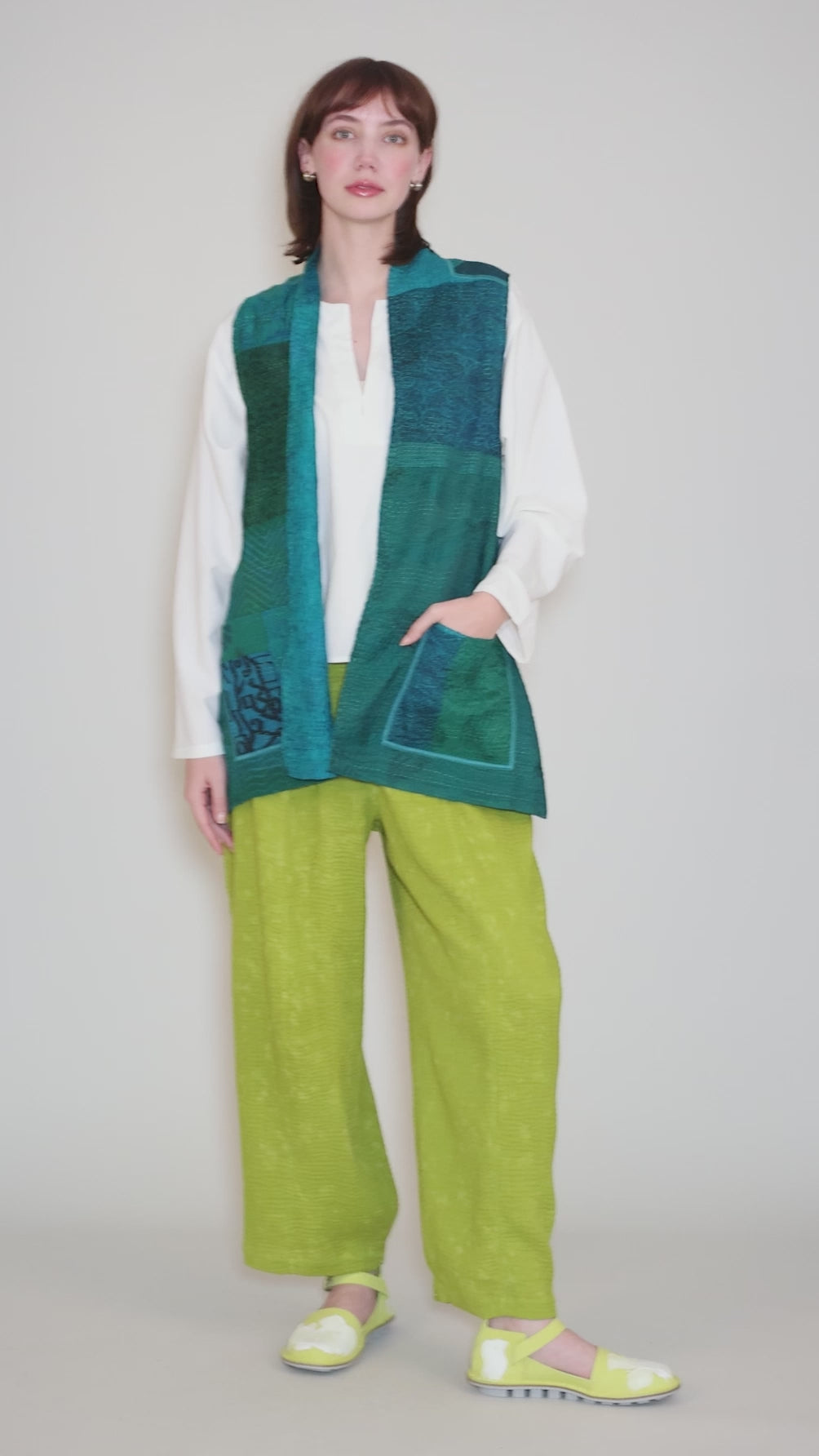 Sun Dye Ripple Kantha Barrel Pant, Chartreuse Angle 5