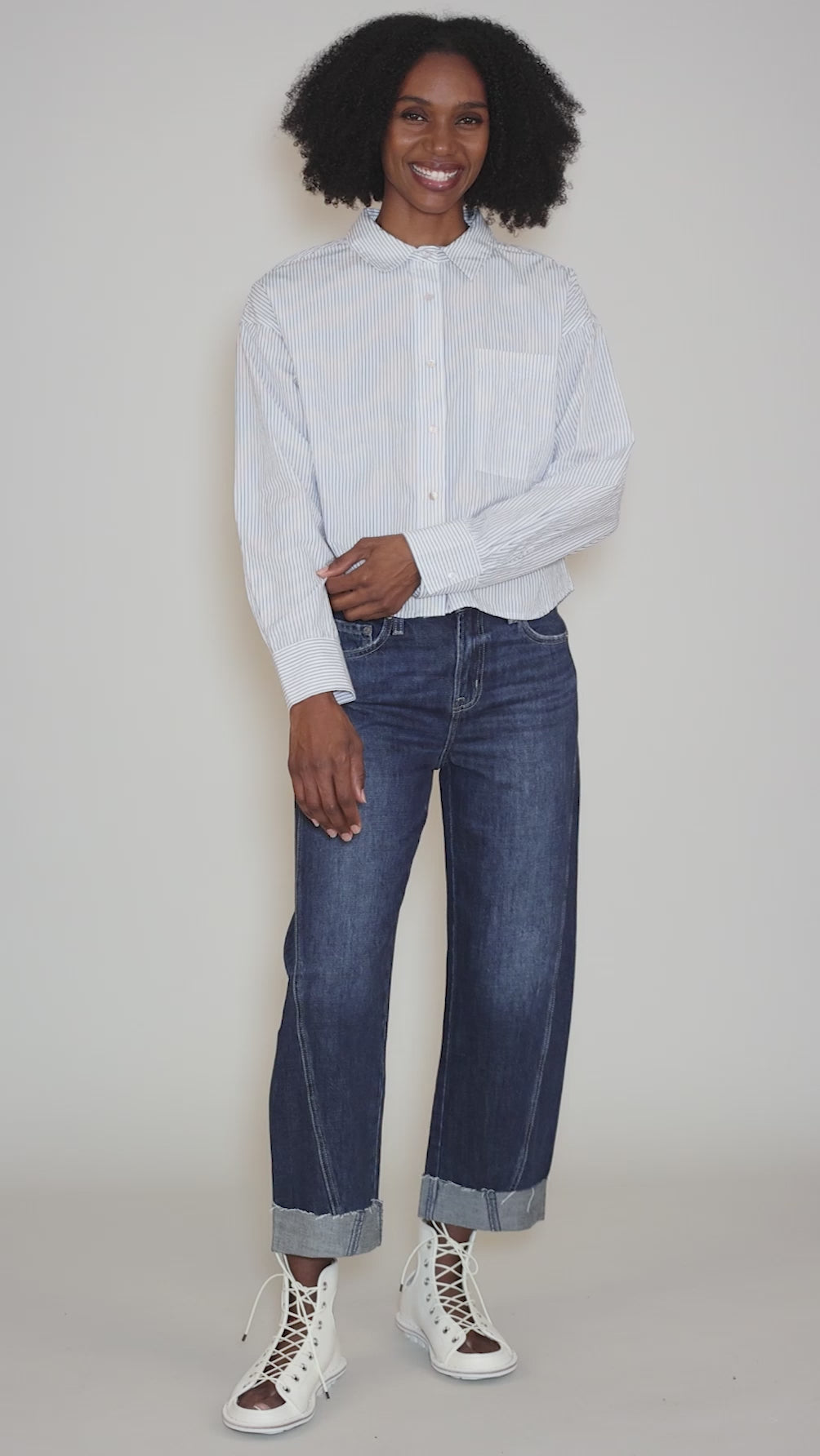 Woven Crop Shirt, White/Navy Angle 5