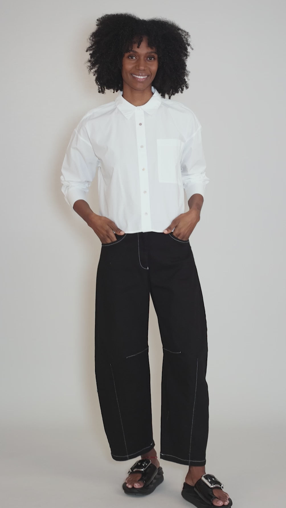 Cropped Button-Up Shirt, White Angle 5