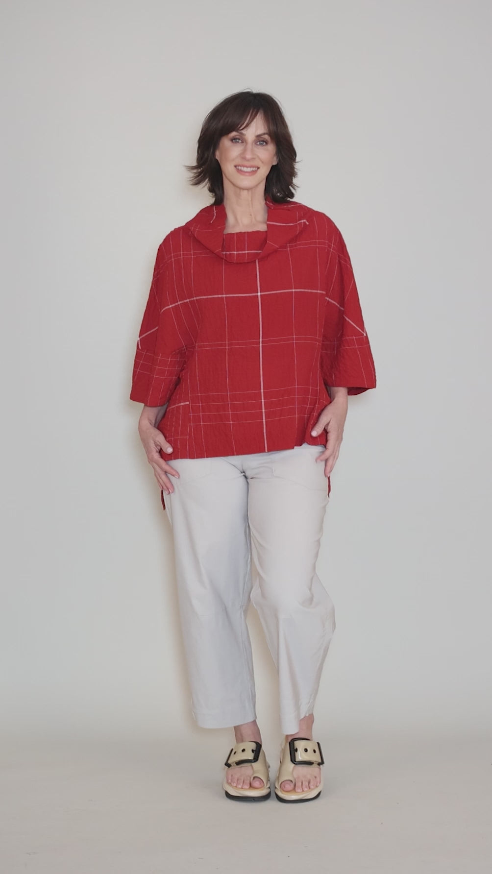 Woven Plaid Cowl Blouse, Red Angle 5