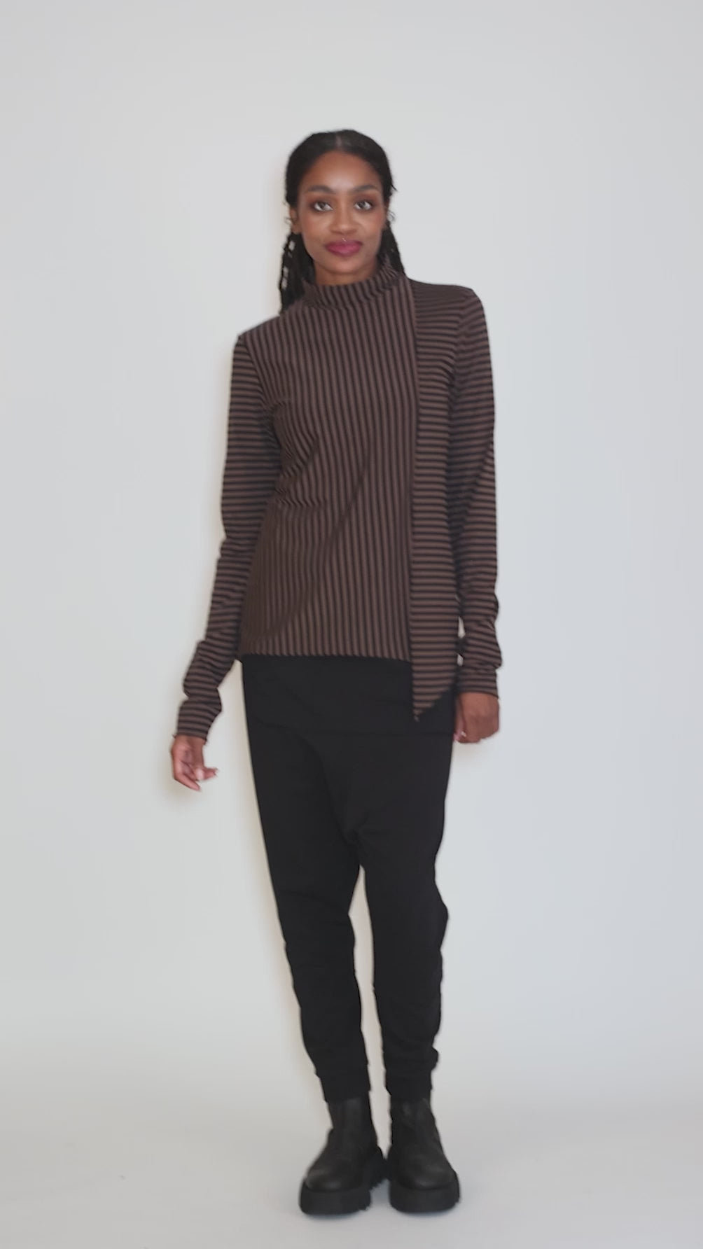 Striped Asym Tneck, Brown/Black Angle 5