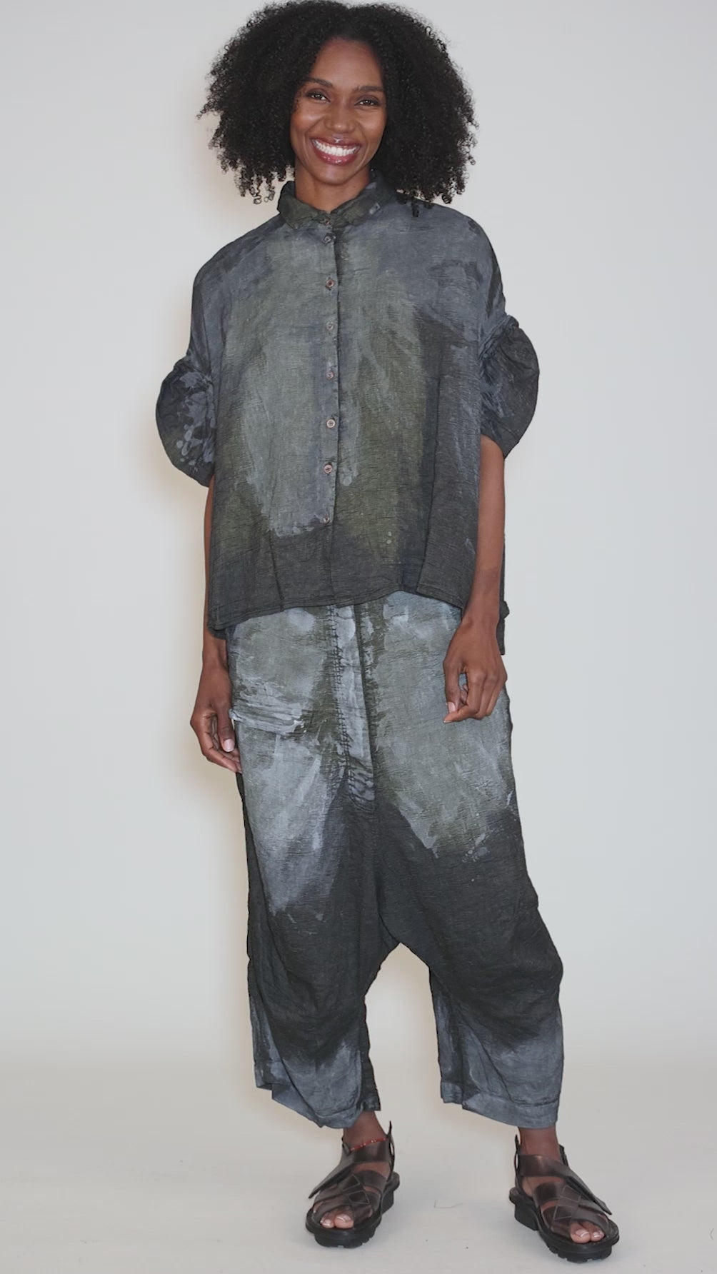 Hand-Painted Linen Blend Pant, Seaweed Storm Angle 5