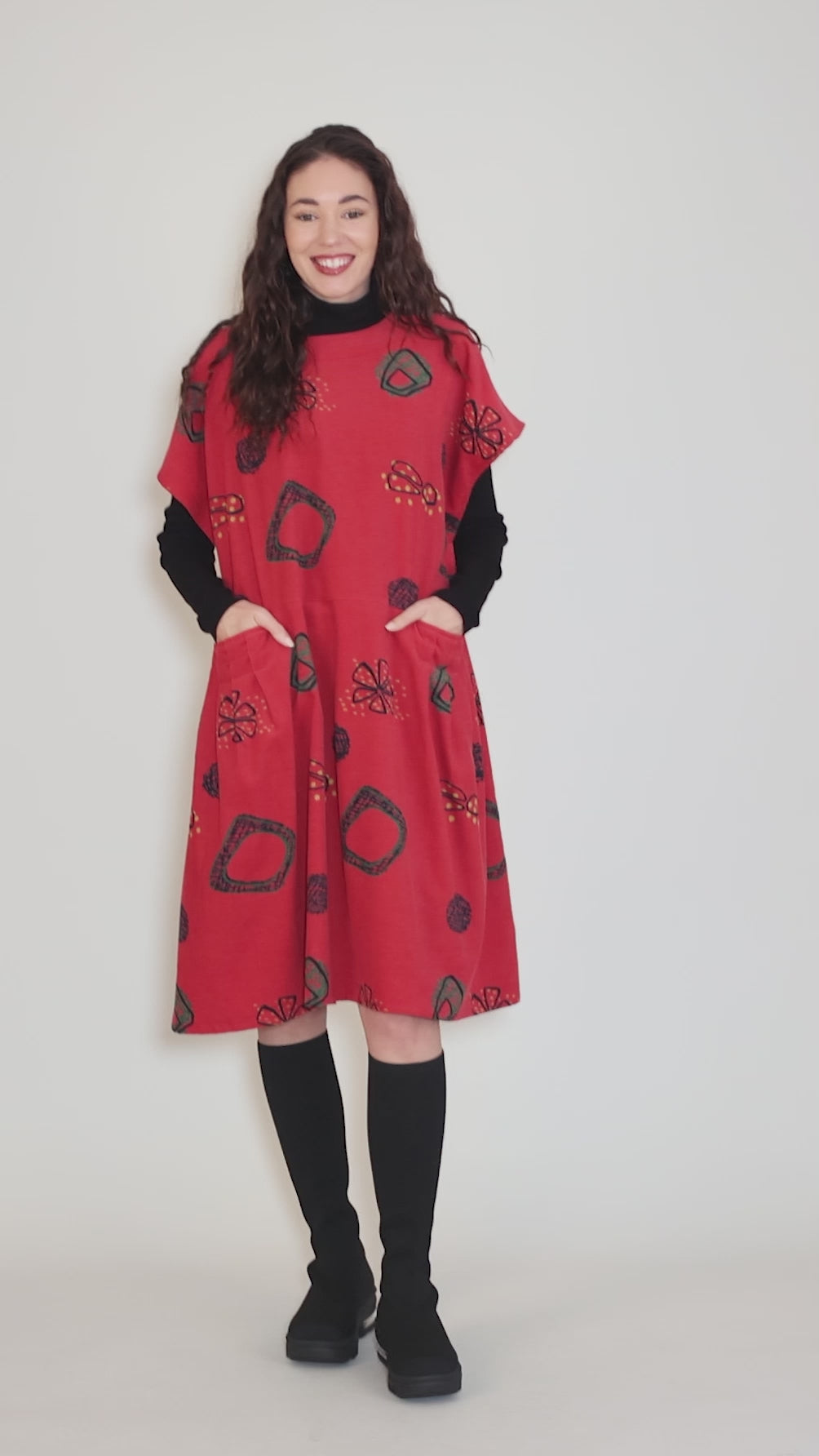 Corduroy Tuck Dress, Red Angle 5