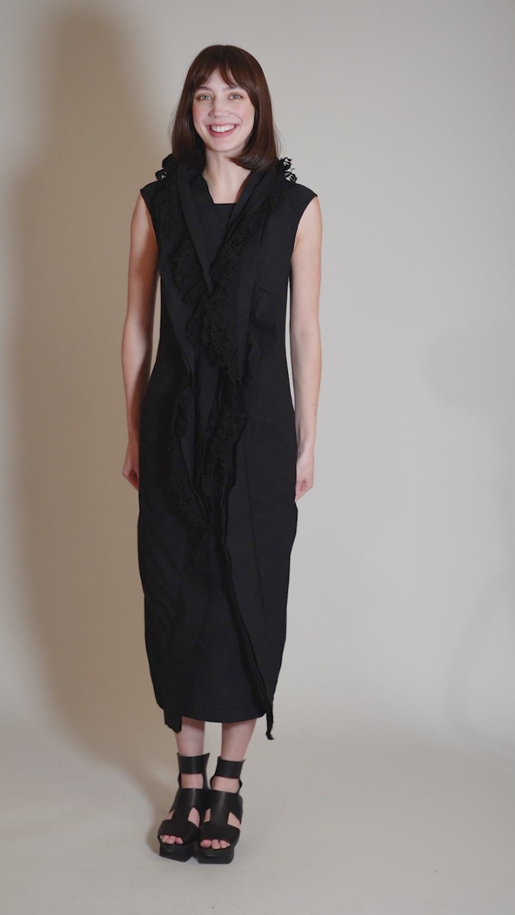 Lace Cascade Slim Dress, Black Gloss Angle 7