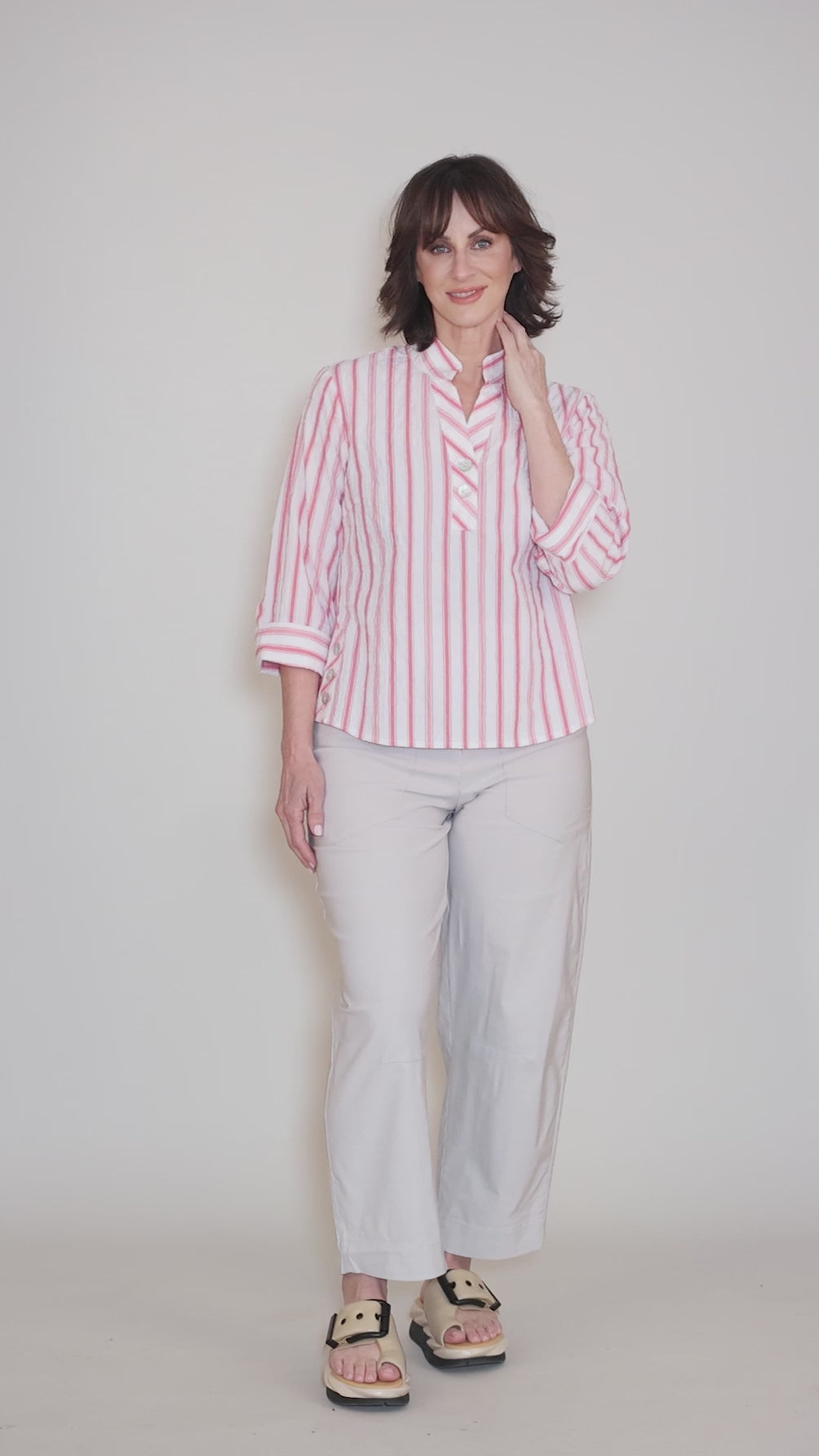 Hampton Stripe Half Placket Pullover, Coral Angle 5
