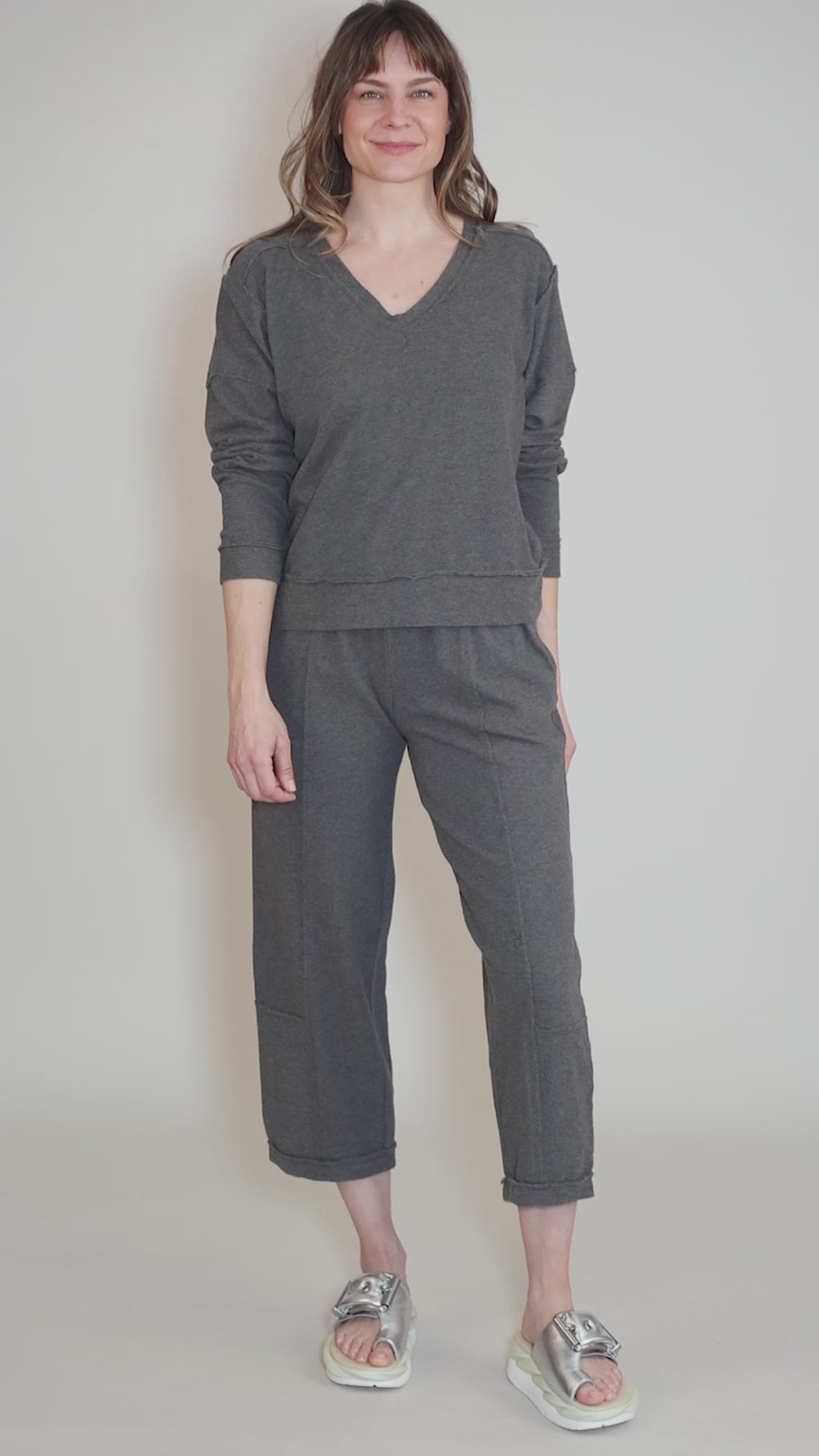 L/S Open V-Neck Crop Sweatshirt, Heathered Ebony Angle 5