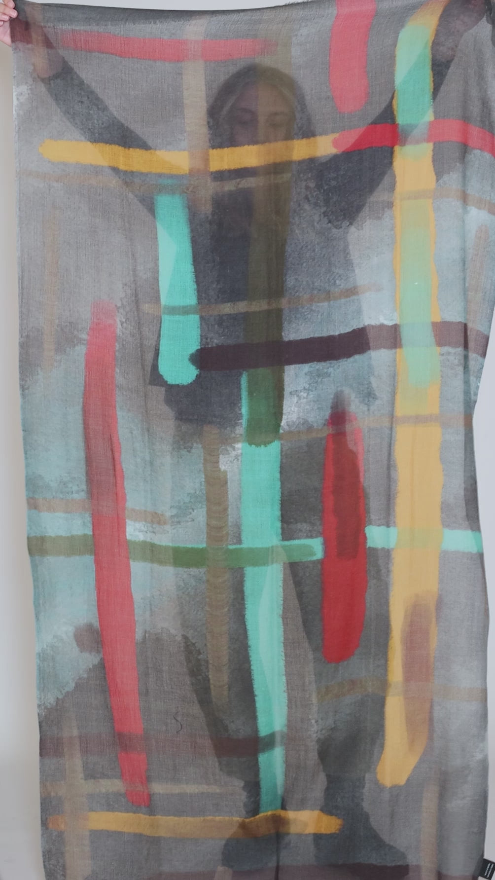 MS Cashmere Print Scarf, Gridwork/Teal Angle 3