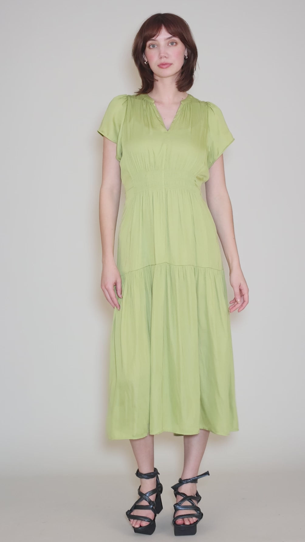 Ruffle Sateen Midi Dress, Green Moss Angle 5