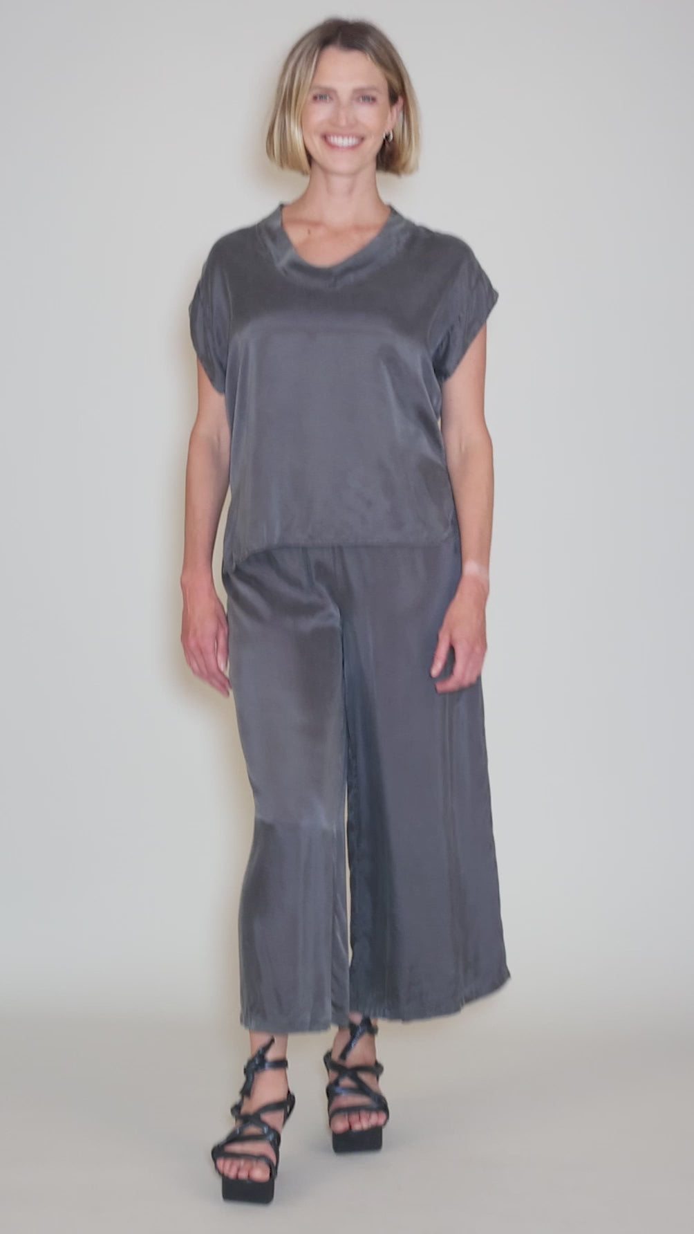 Vintage Satin S/S Cowl Top, Iron Angle 5