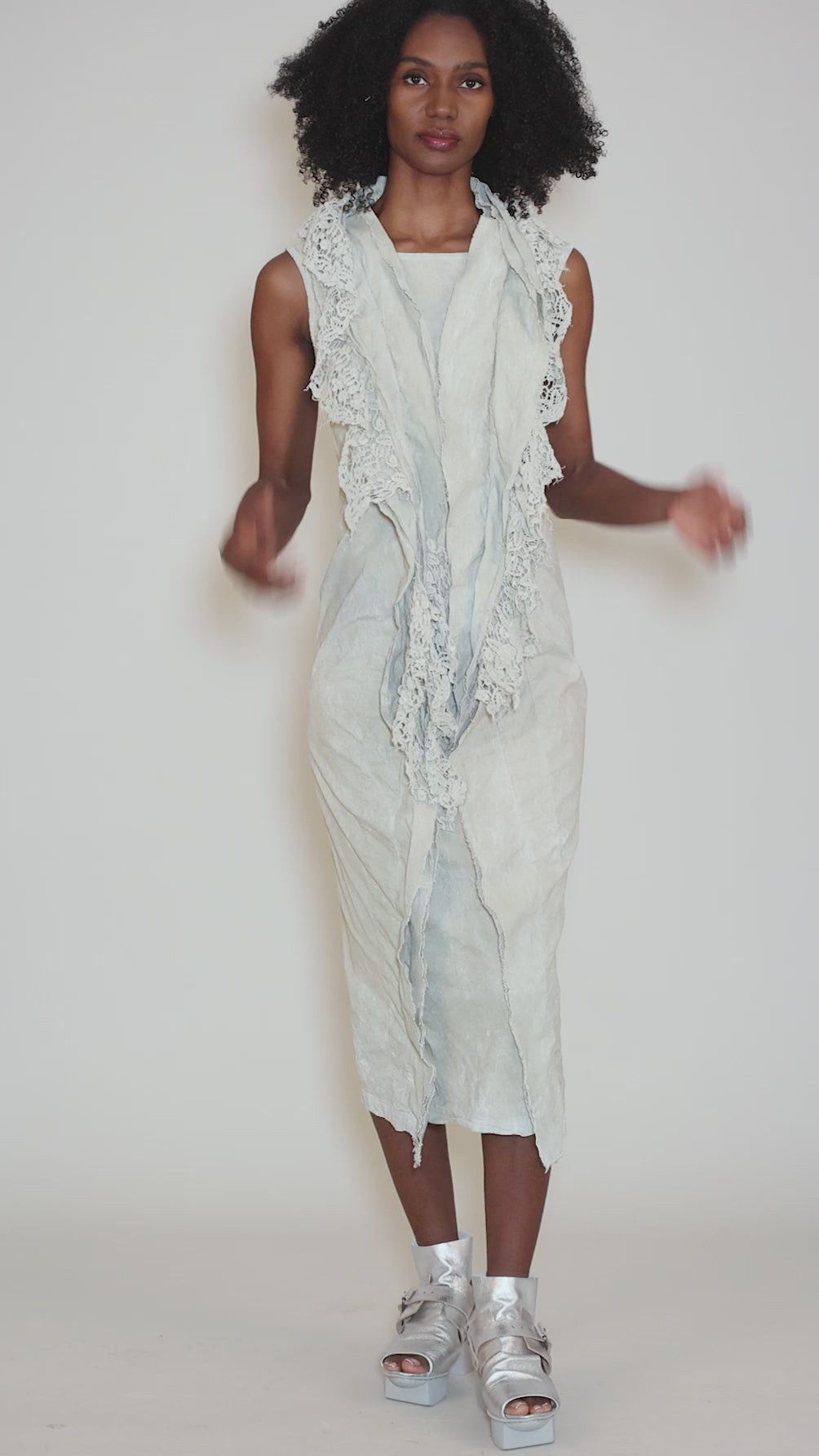 Lace Cascade Slim Dress, Linen Fog Angle 5