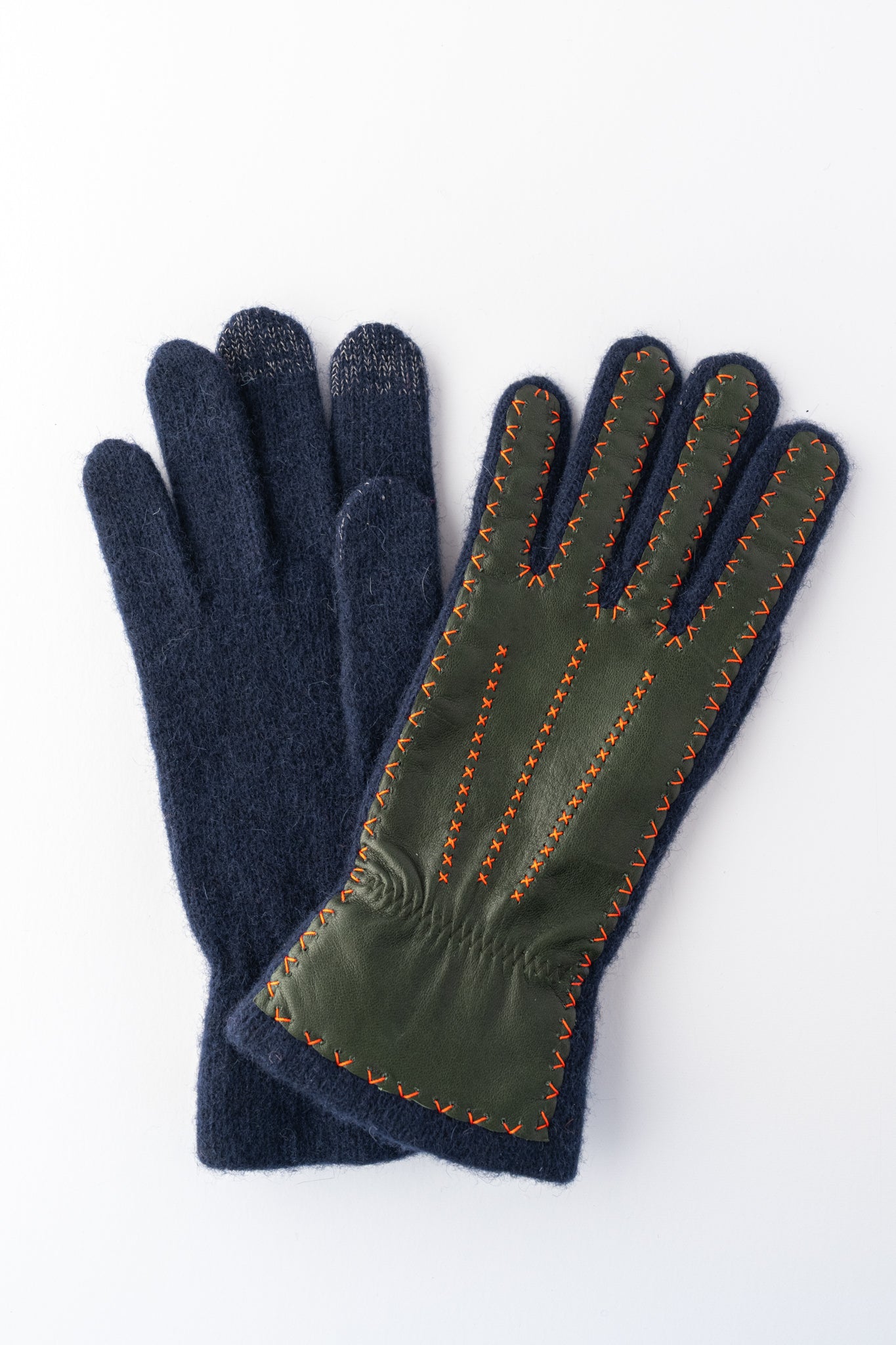 Santacana Madrid Contrast Stitch Leather and Wool Glove, Navy and Green 