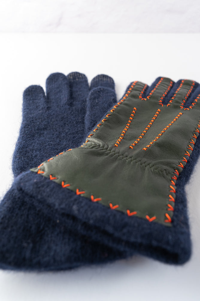 Santacana Madrid Contrast Stitch Leather and Wool Glove, Navy and Green 