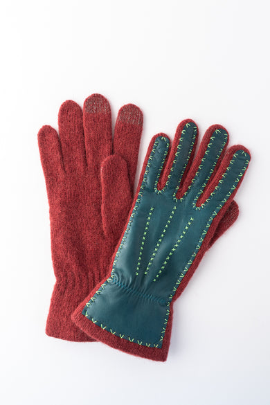 Santacana Madrid Contrast Stitch Leather and Wool Glove, Berry/Teal 